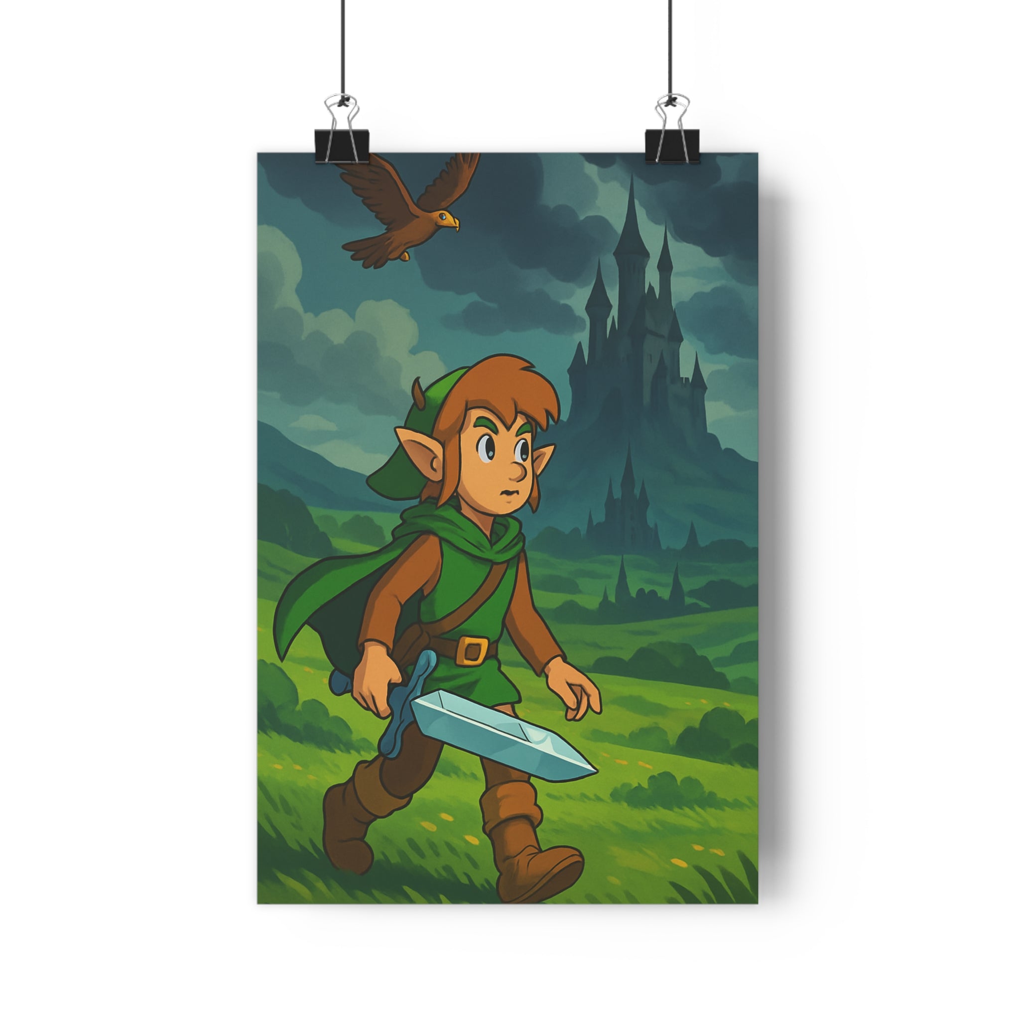 Poster décoratif aventurier épée scintillante vert aventure mystique dessin animé vibrant chambre enfant décoration