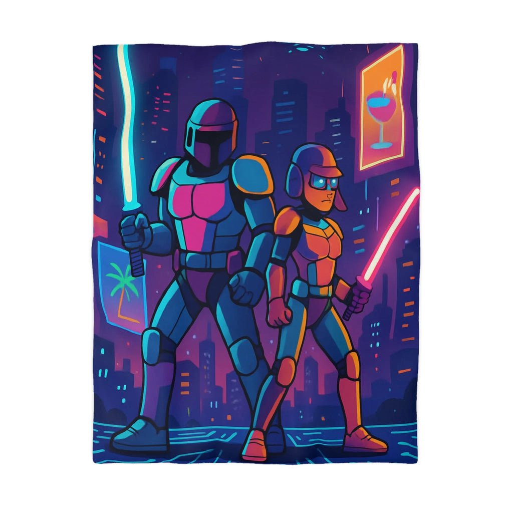 Épique housse de couette futuriste avec guerriers néon et skyline de science-fiction