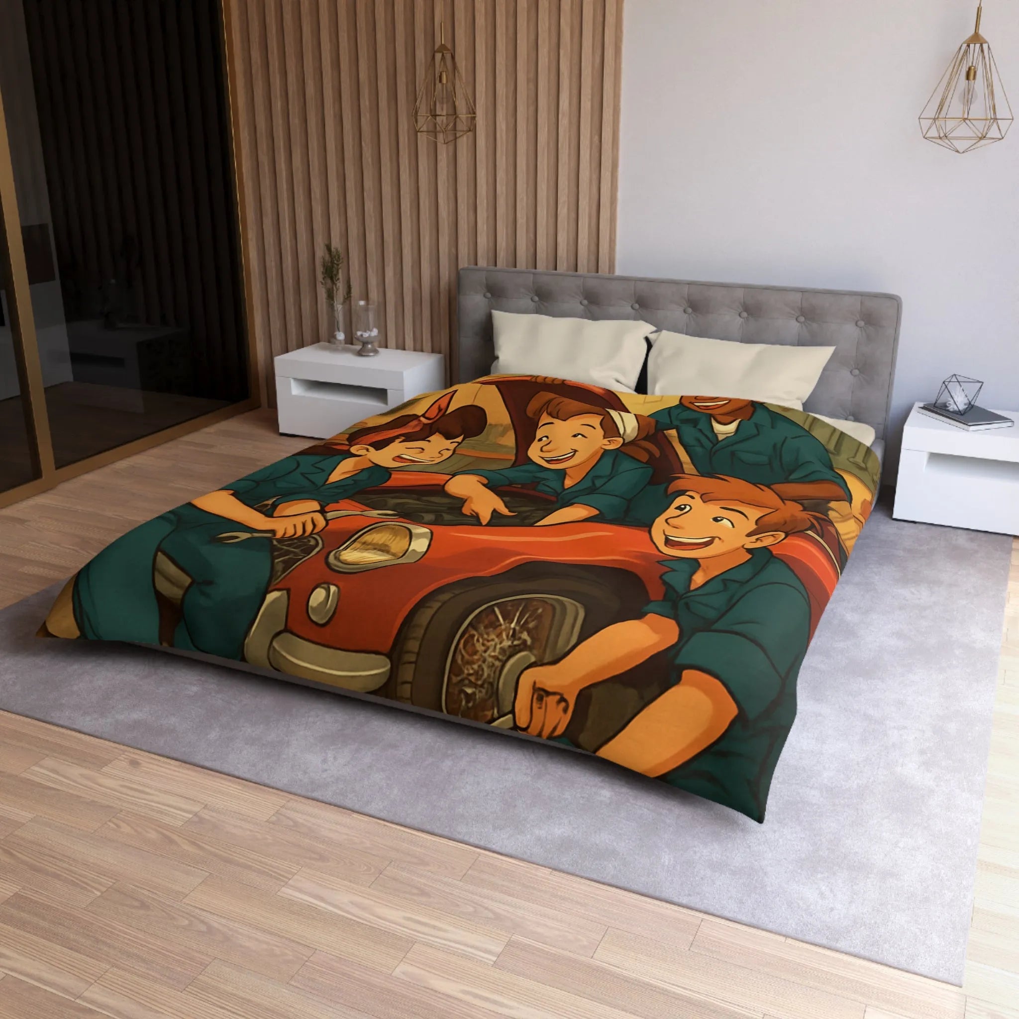 Housse de couette atelier mécanique vintage avec jeunes mécaniciens et voiture rouge joyeuse