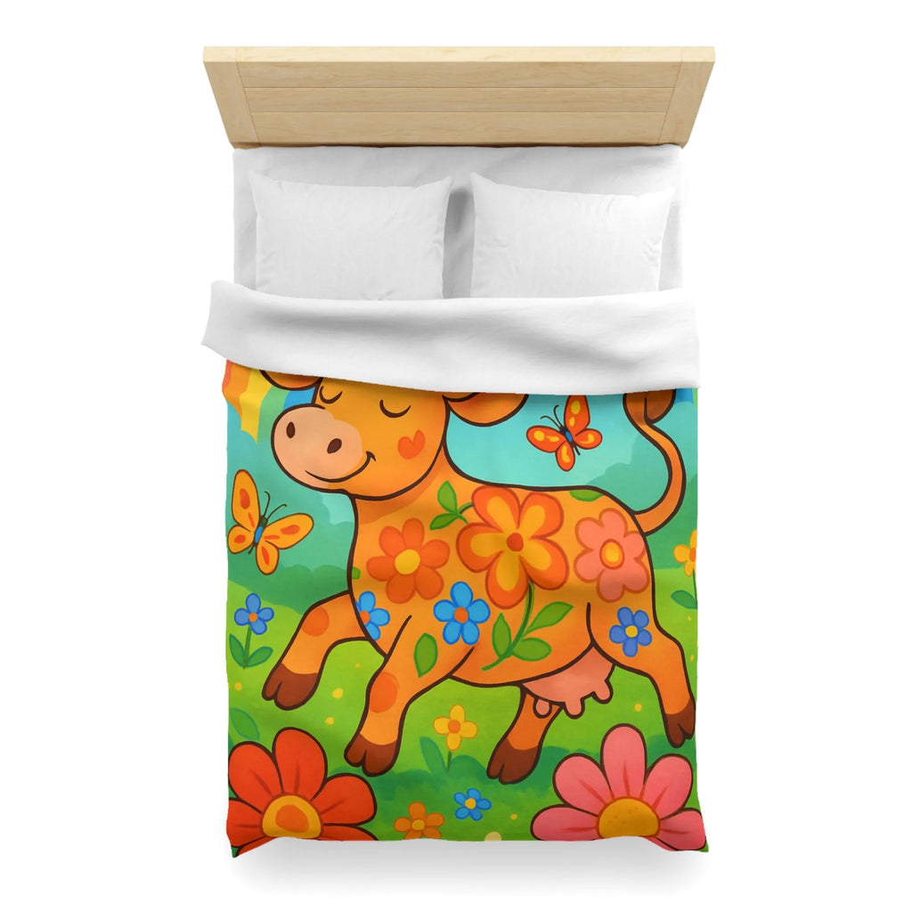 Housse de Couette Enfant Joyeuse Vache Orange Sous Arc-en-Ciel et Papillons Colorés