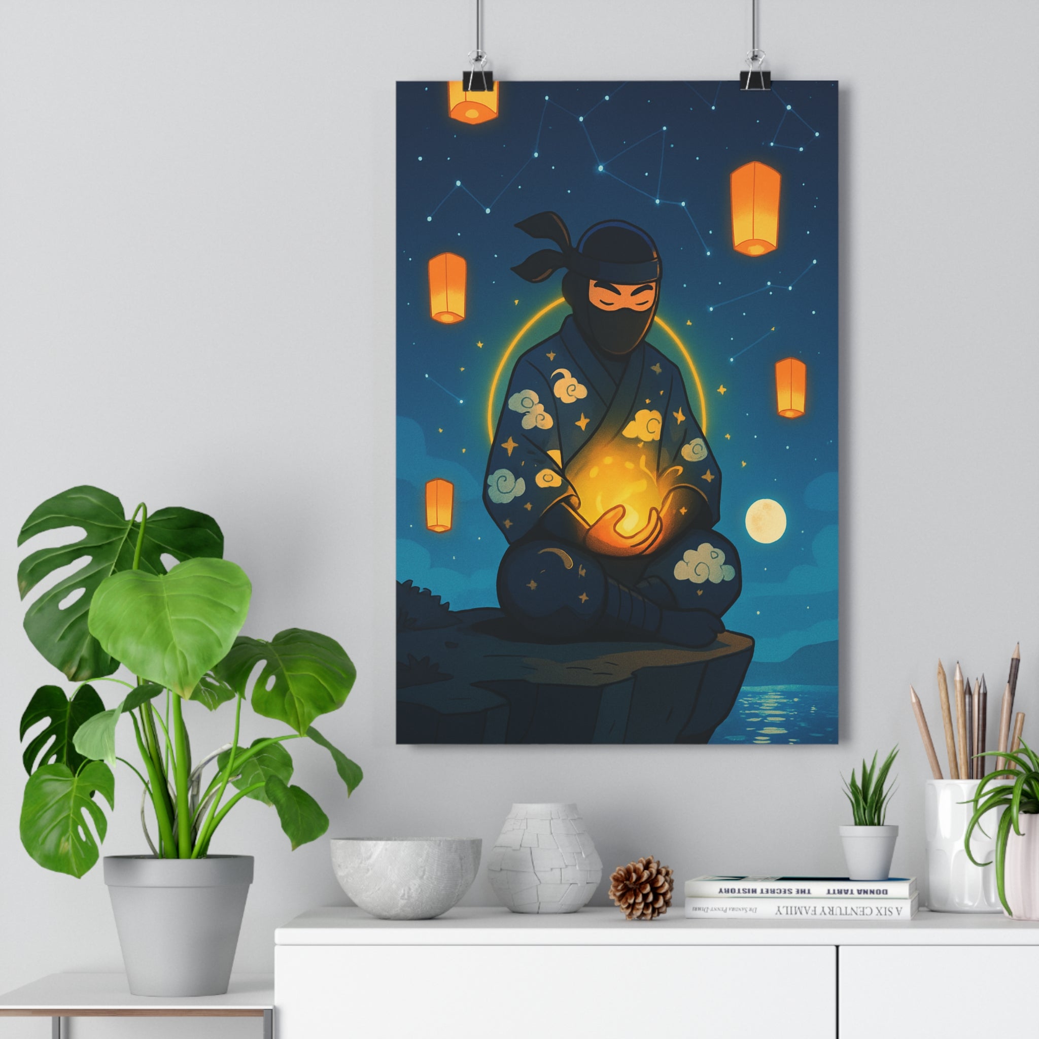 Poster décoratif dessin animé bleu orange mystique chambre salon ambiance sereine magique 30x46 cm