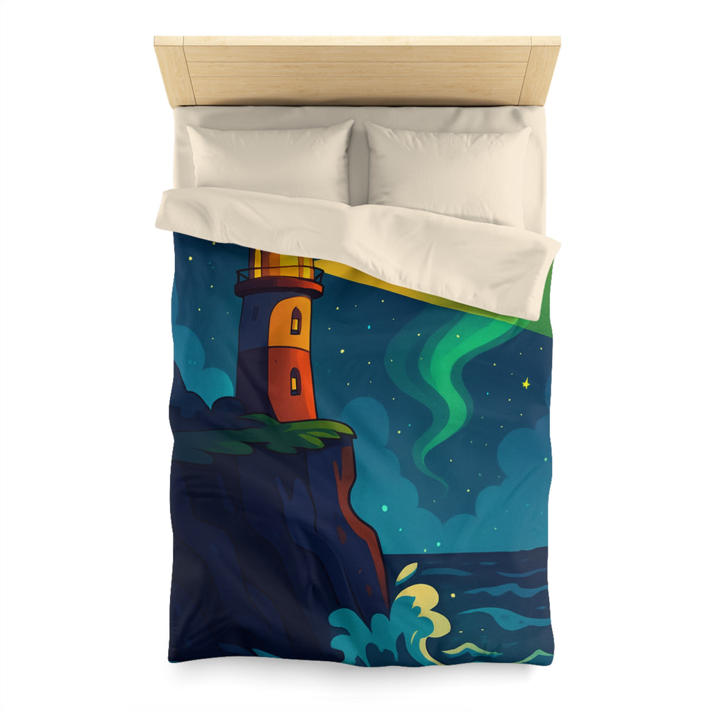 Housse de couette phare rouge illuminant océan étoilé, paysage nocturne inspirant rêve.