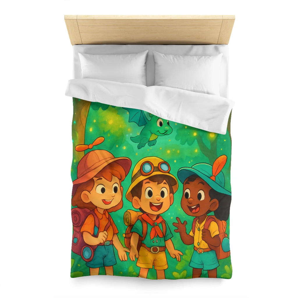 Housse de couette enfants aventure forêt avec dragons et jeunes explorateurs joyeux
