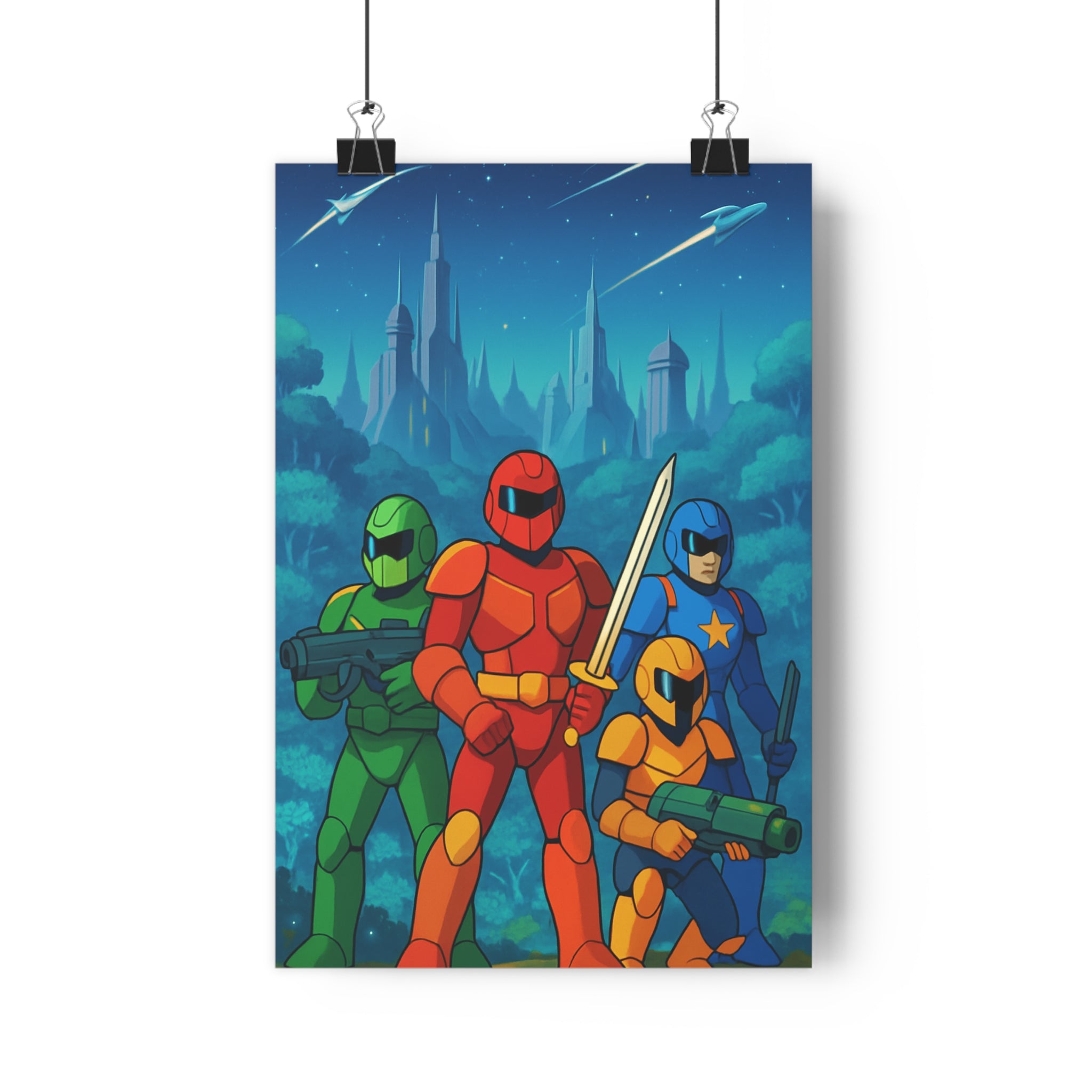 Poster décoratif futuriste rouge vert bleu jaune cartoon épique aventure salon chambre design enfant