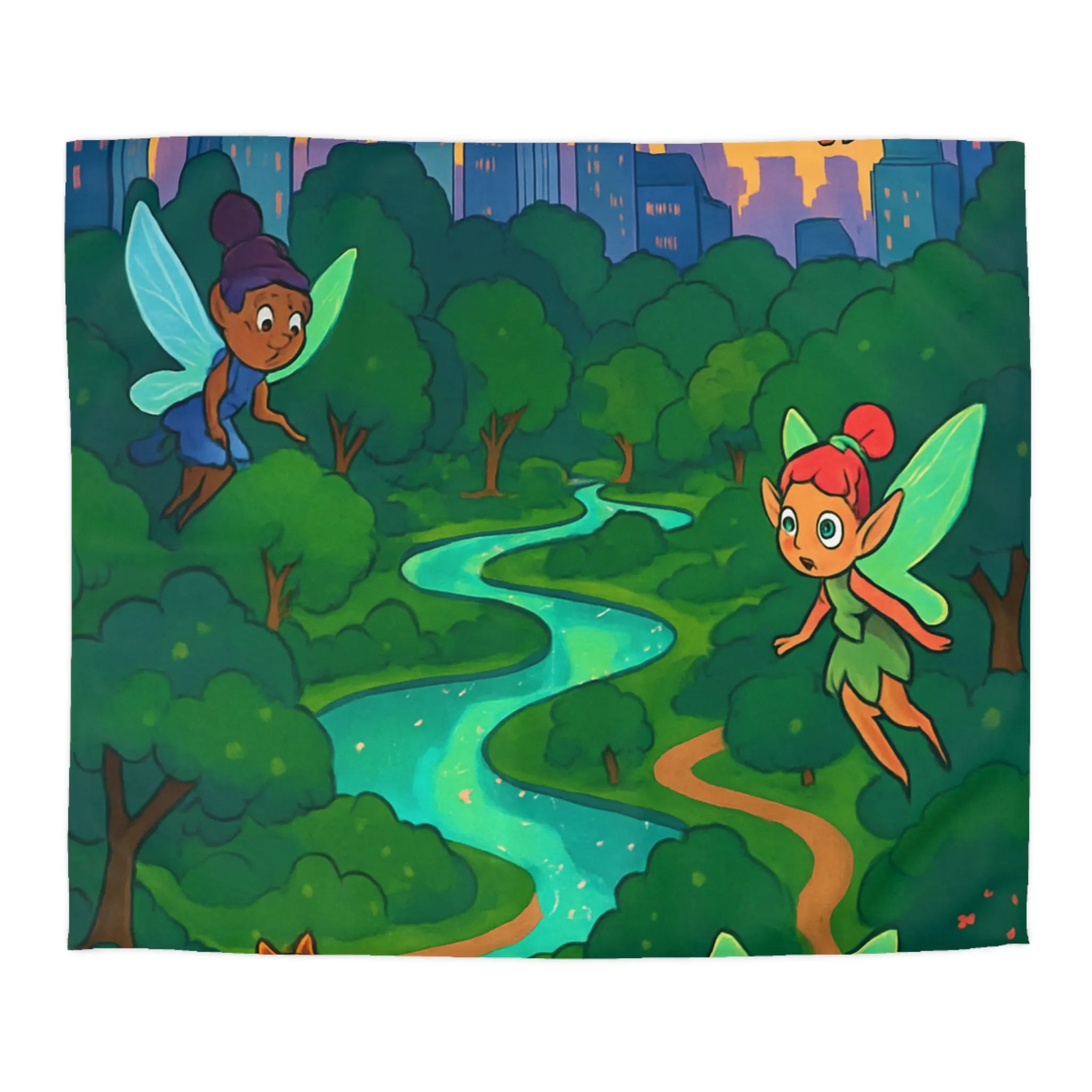 "Housse de Couette Féerique: Fées Volantes City Fantastique au Crépuscule Étincelant"