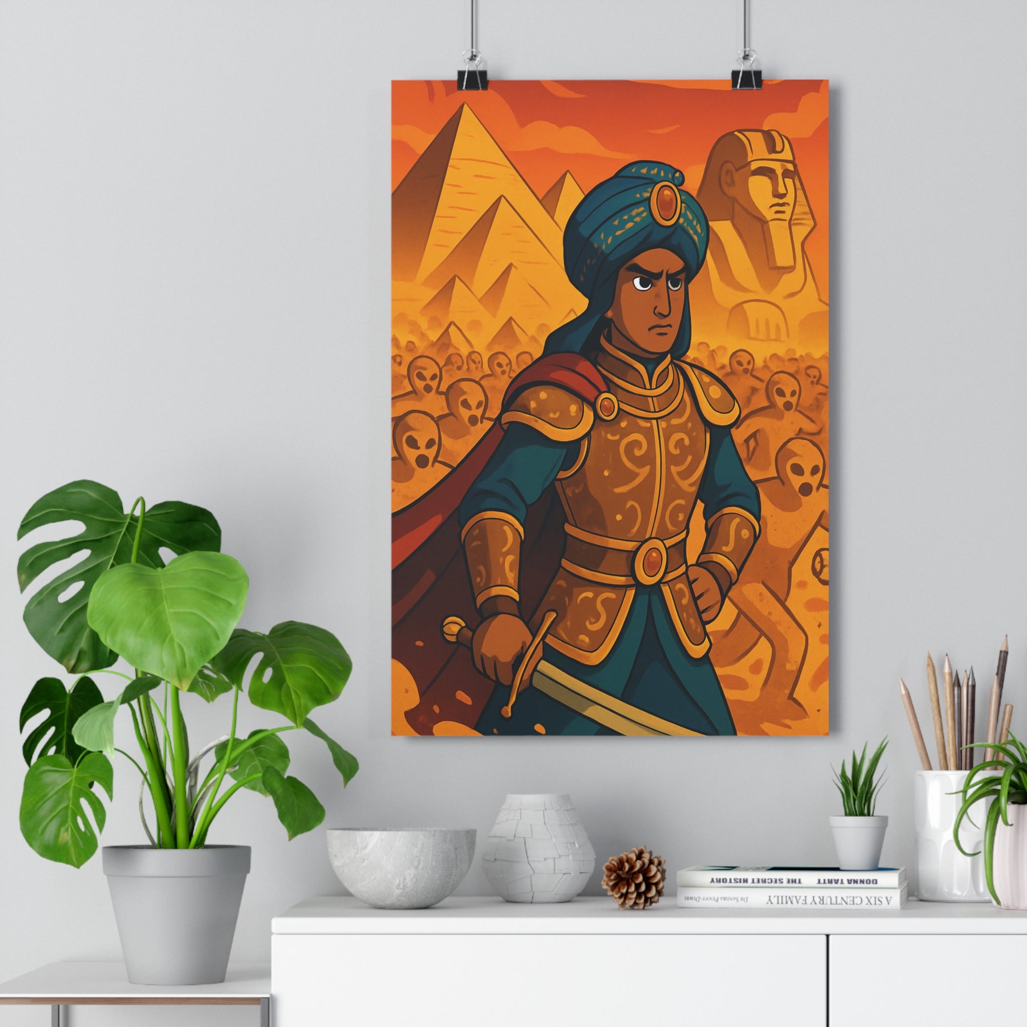 Poster décoratif épique aventure guerrier armure turban bleu pyramides cartoon historique chambre salon qualité
