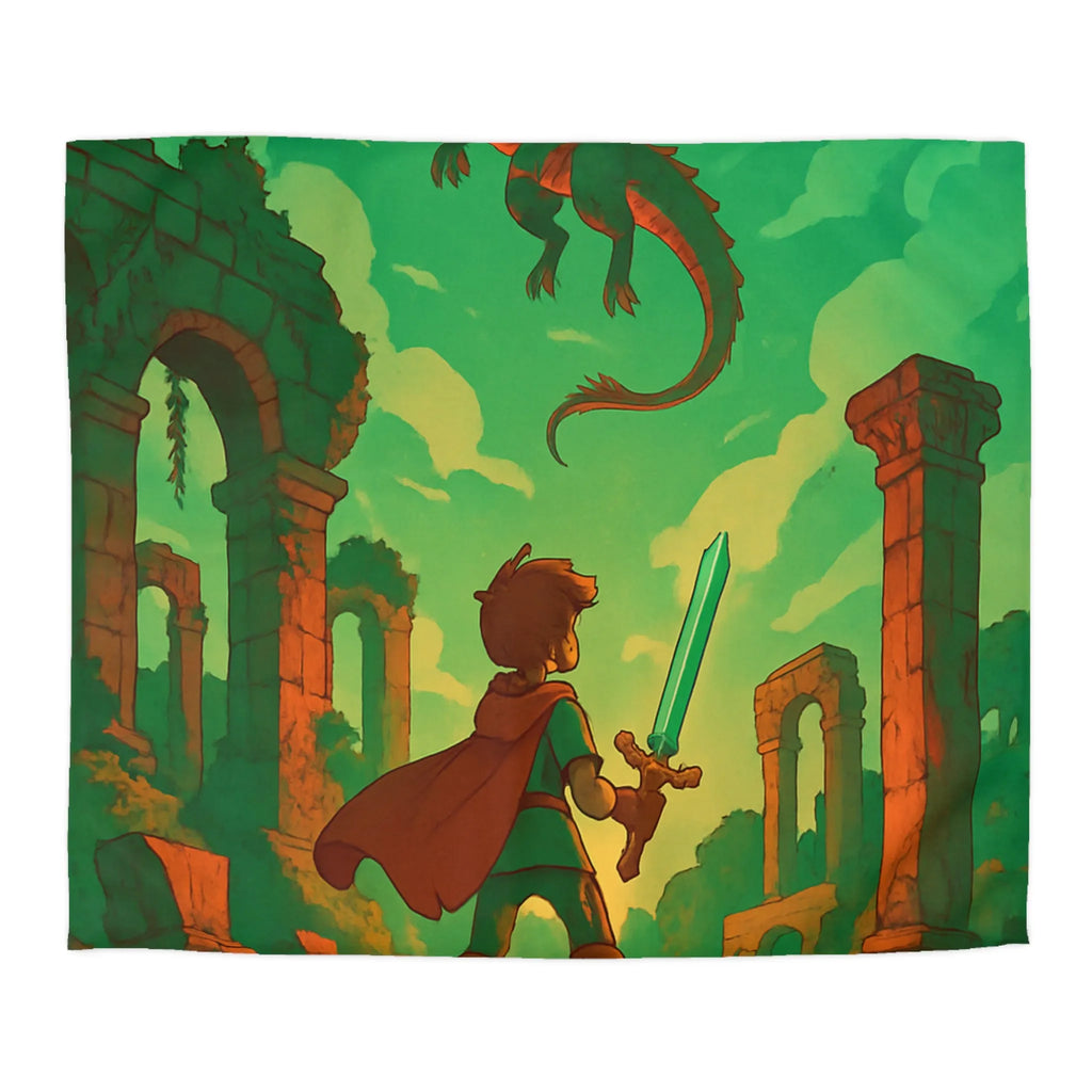Housse de couette avec chevalier brave et dragon volant dans ruines anciennes