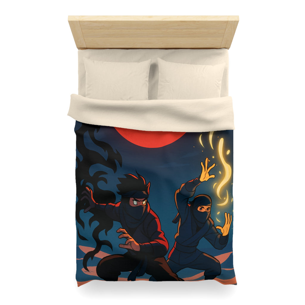 Housse de Couette Ninja avec Lune Rouge et Pouvoirs Mystiques en Fond Sombre