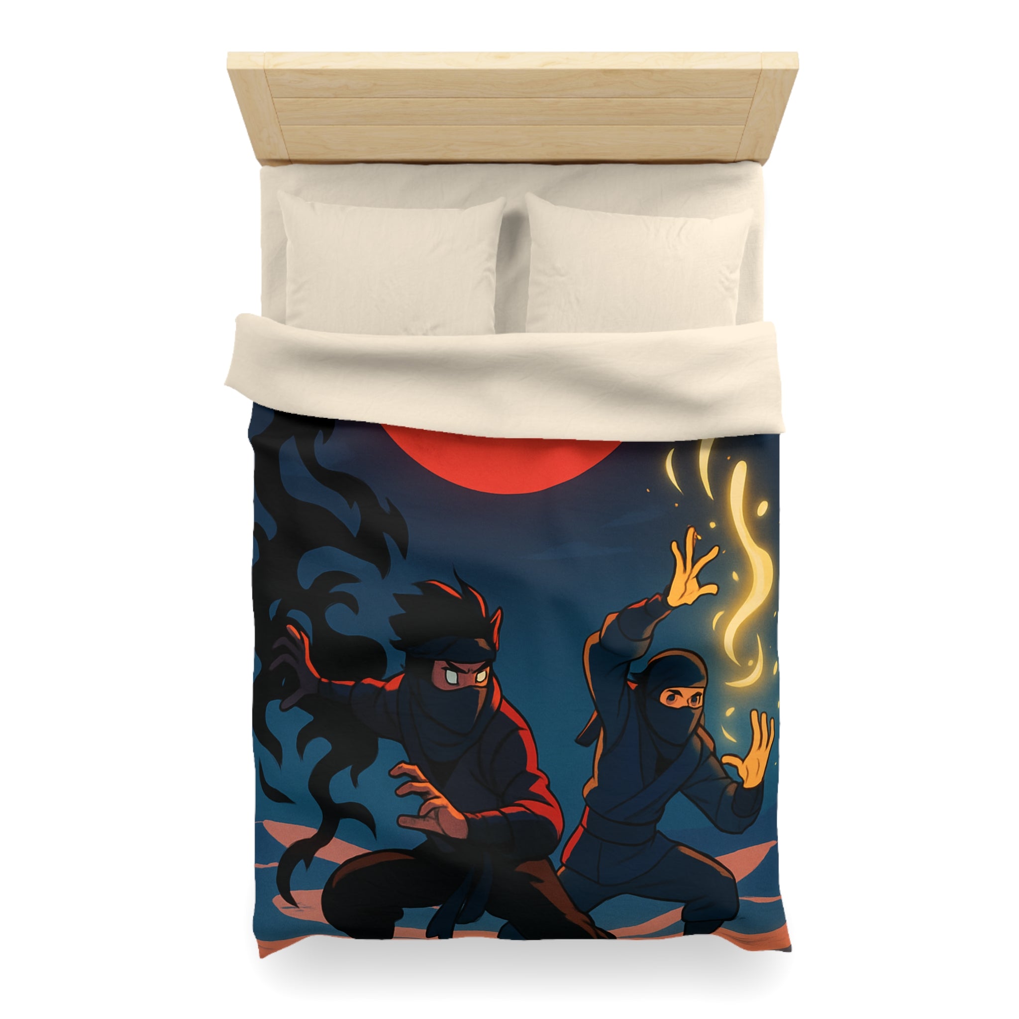 Housse de Couette Ninja avec Lune Rouge et Pouvoirs Mystiques en Fond Sombre