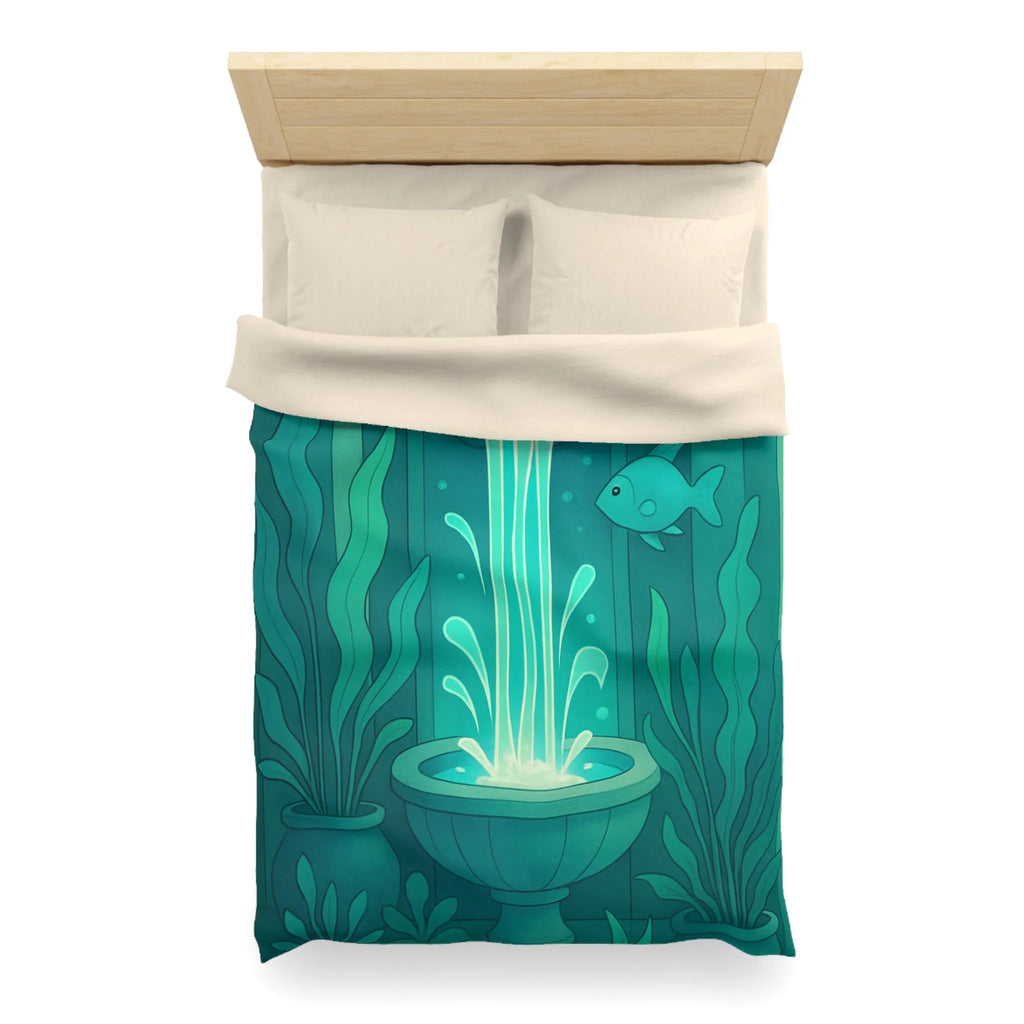 Housse de Couette Art Nouveau Illustrée Fontaine Poissons Teintes Bleues Calmes Décoration Intérieure