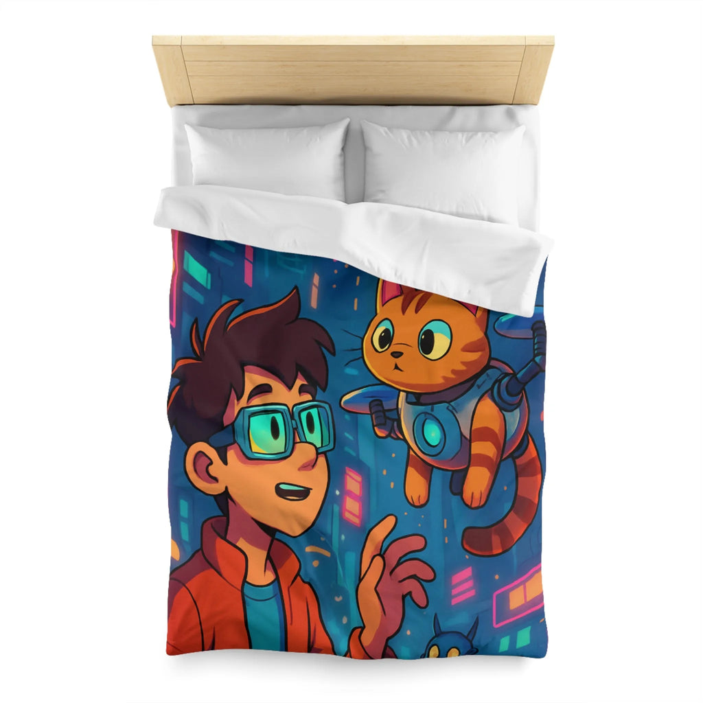 Housse de couette enfants style futuriste avec garçon et chat dans ville cyber