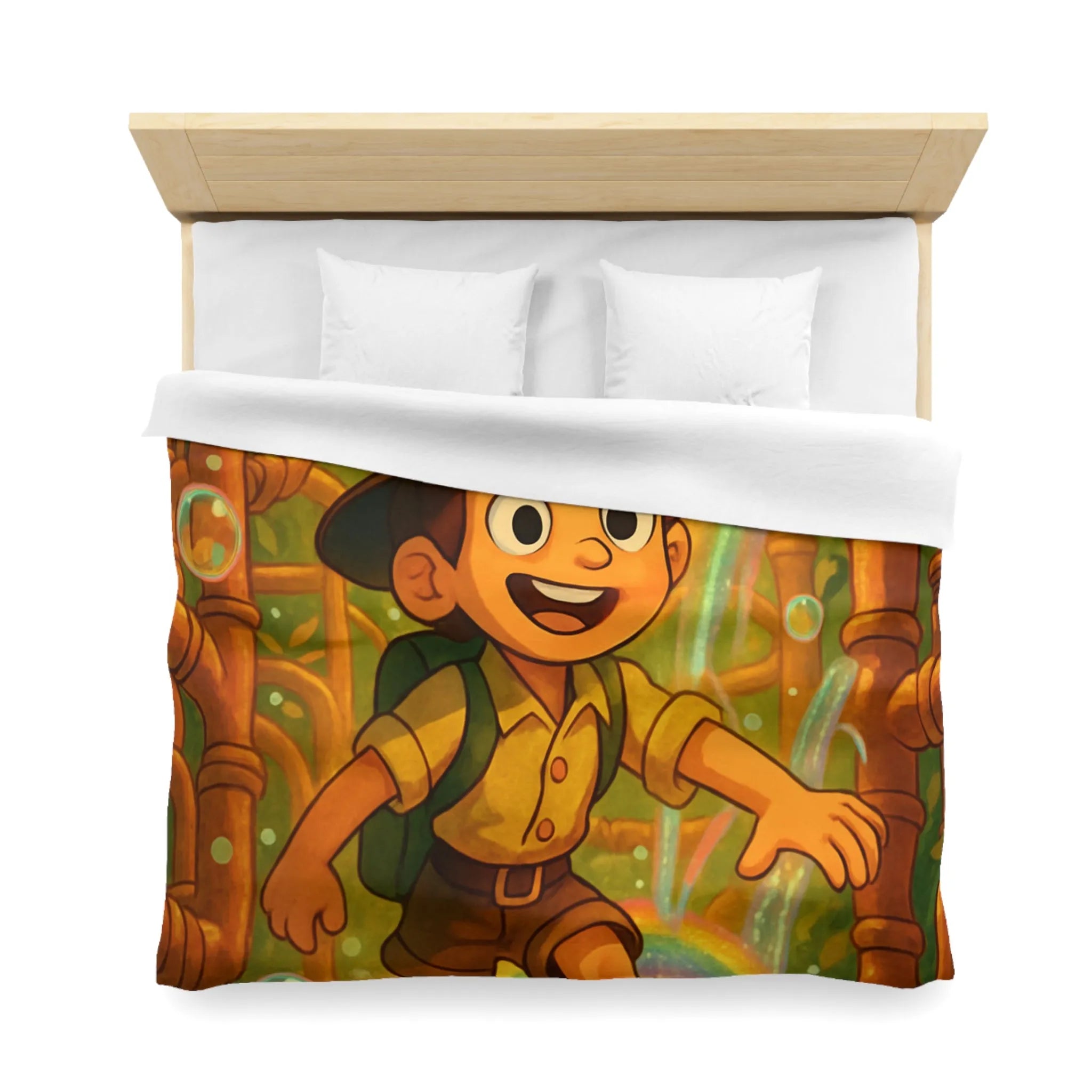 Housse de couette enfantine : garçon explorateur, tuyaux dorés, arcs-en-ciel et bulles joyeuses