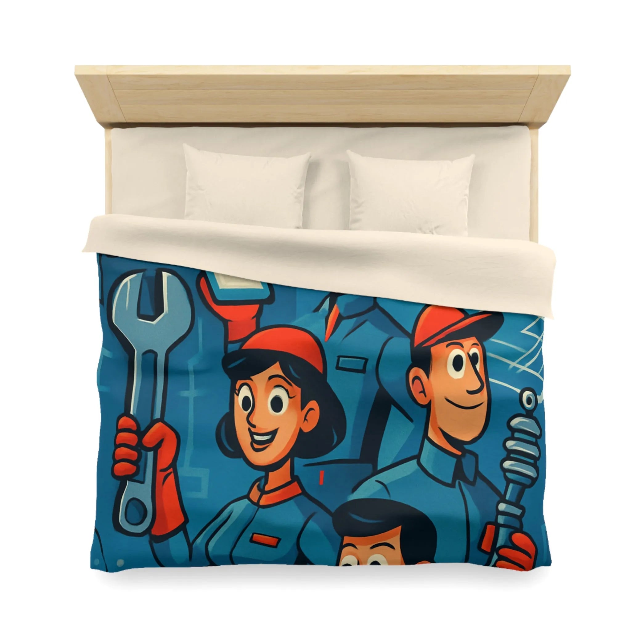 Housse de Couette Industrielle avec Équipe de Travail Souriante dans Tonalités Bleues et Rouges