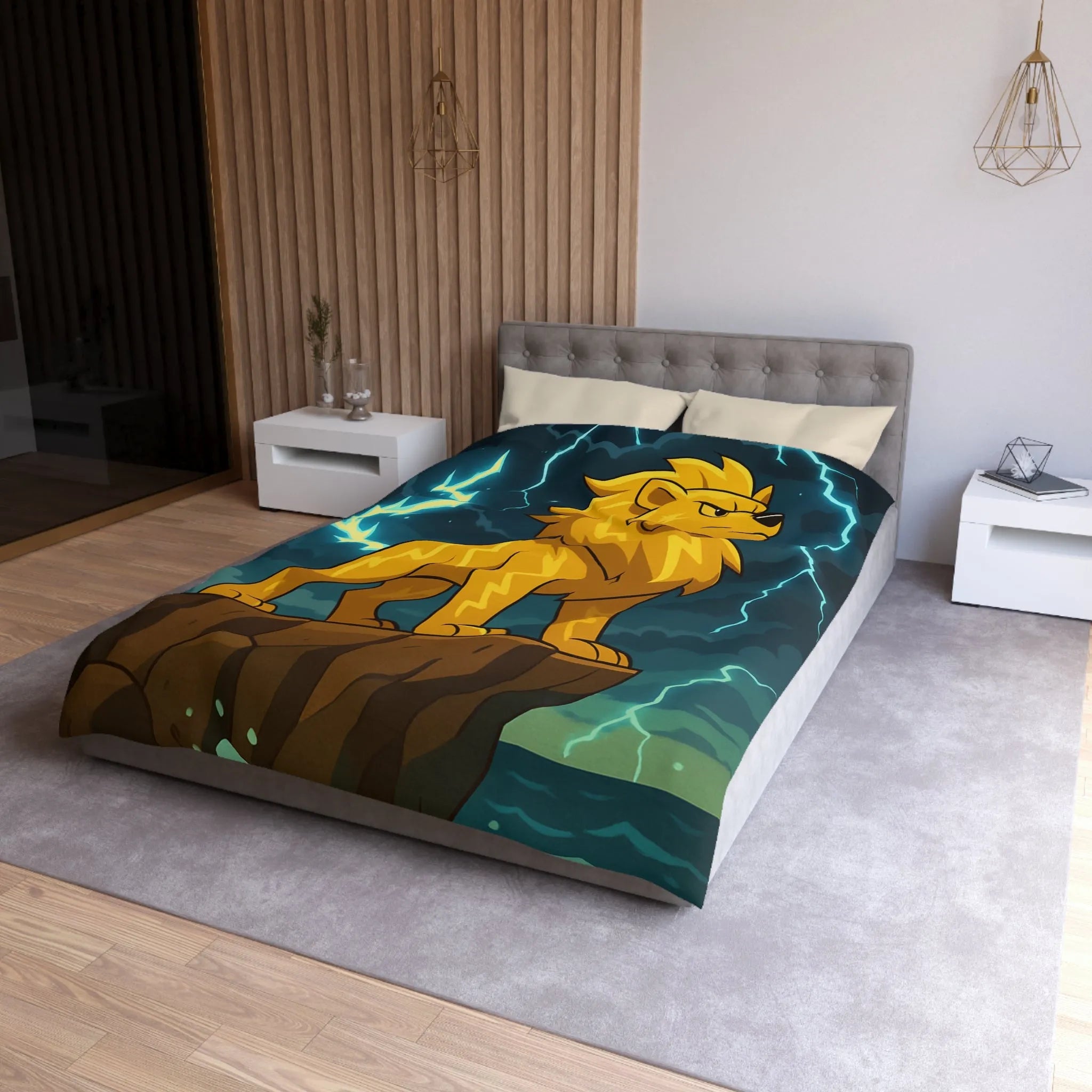 Housse de couette lion éclair lumineux, style animé, ambiance puissante, couleurs vibrantes