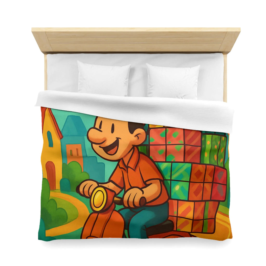 Housse de couette joyeuse avec livreur gai transportant des cadeaux colorés sur scooter