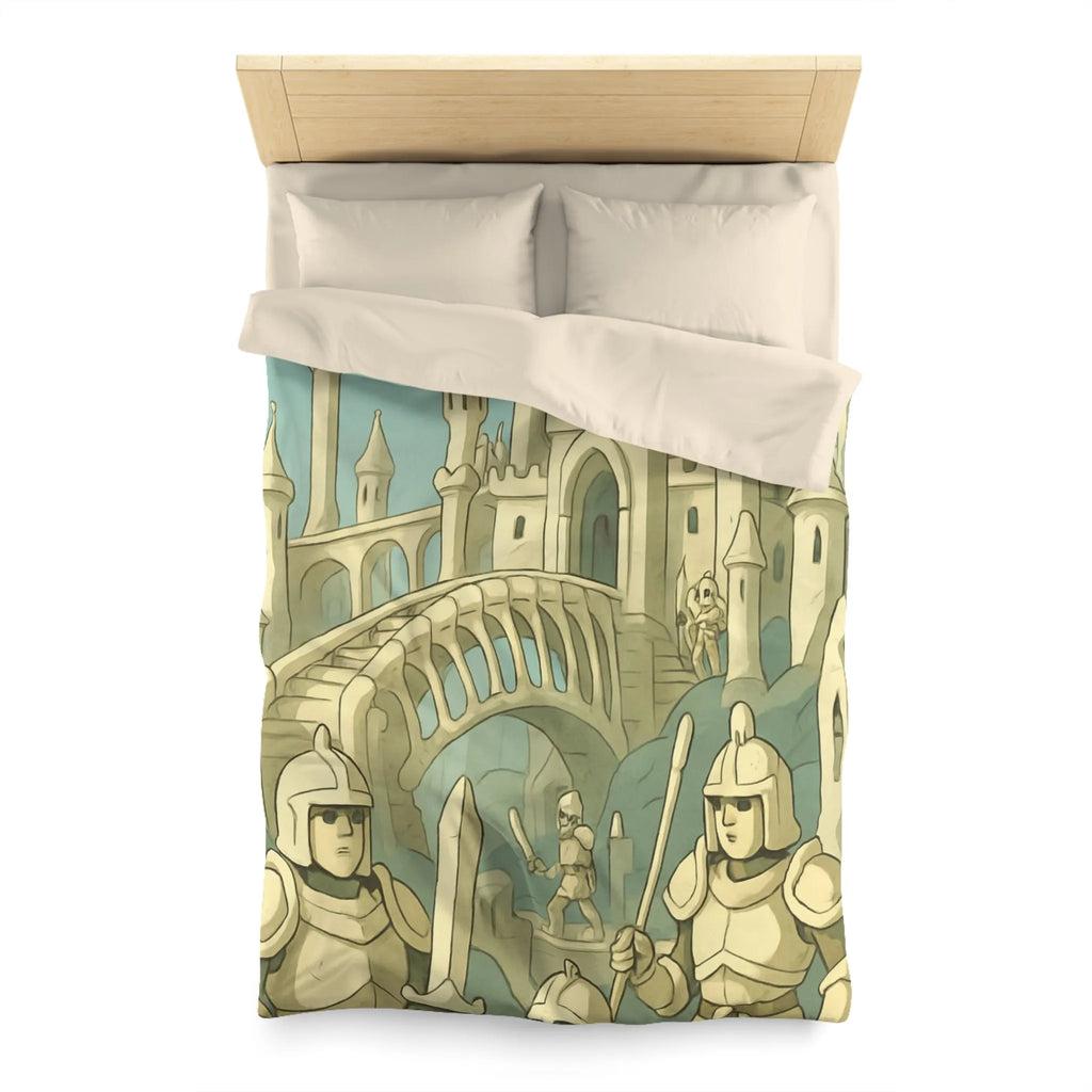 Housse de couette médiévale illustrée avec château crâne et chevaliers en armure