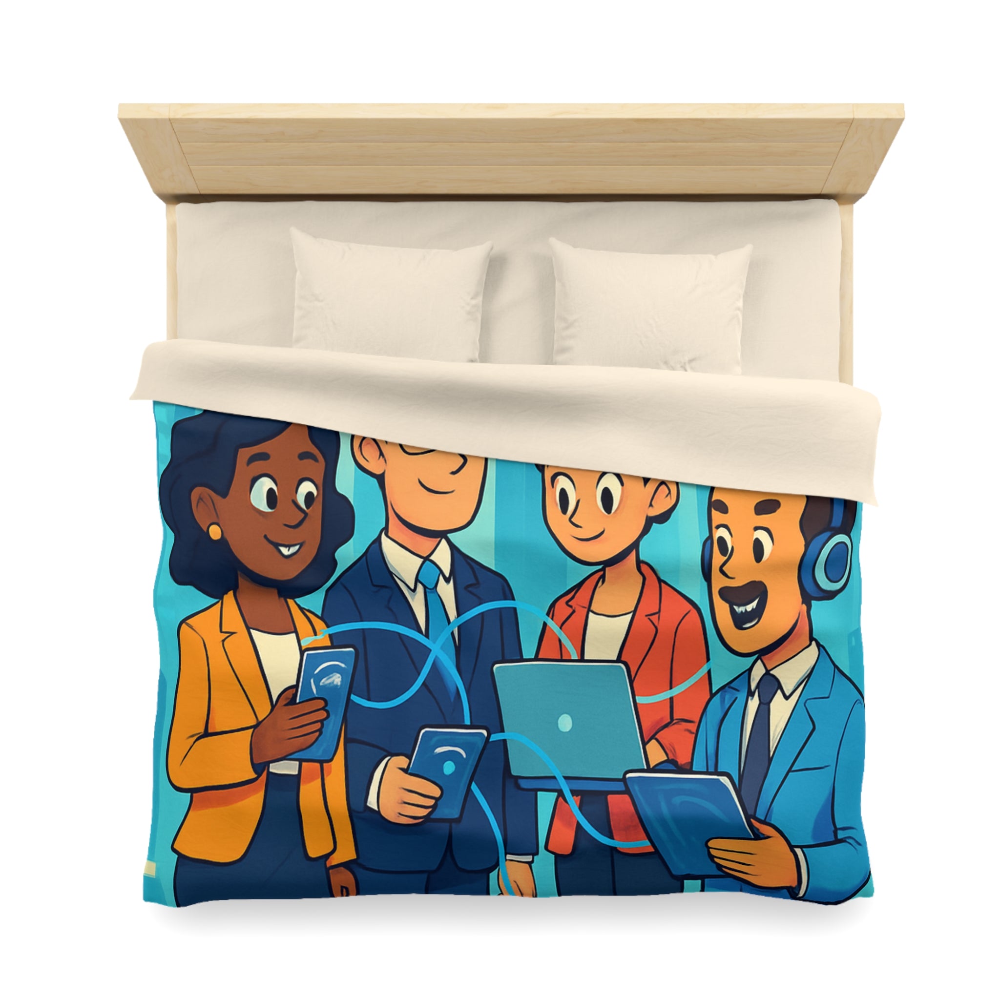 Housse de couette moderne illustrant équipe collaborative en milieu urbain technologique