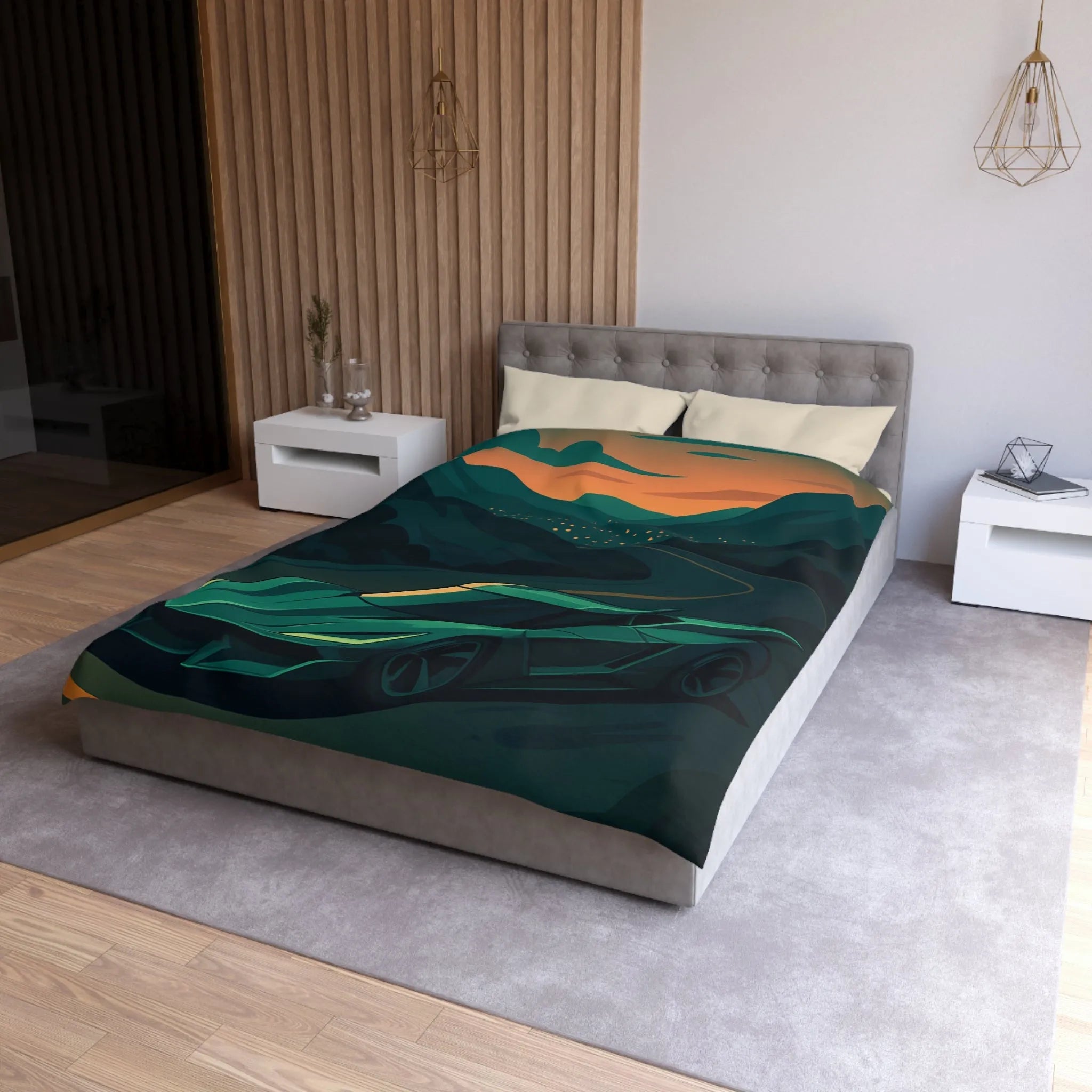 Housse de couette design voiture de sport moderne sur route sinueuse au crépuscule