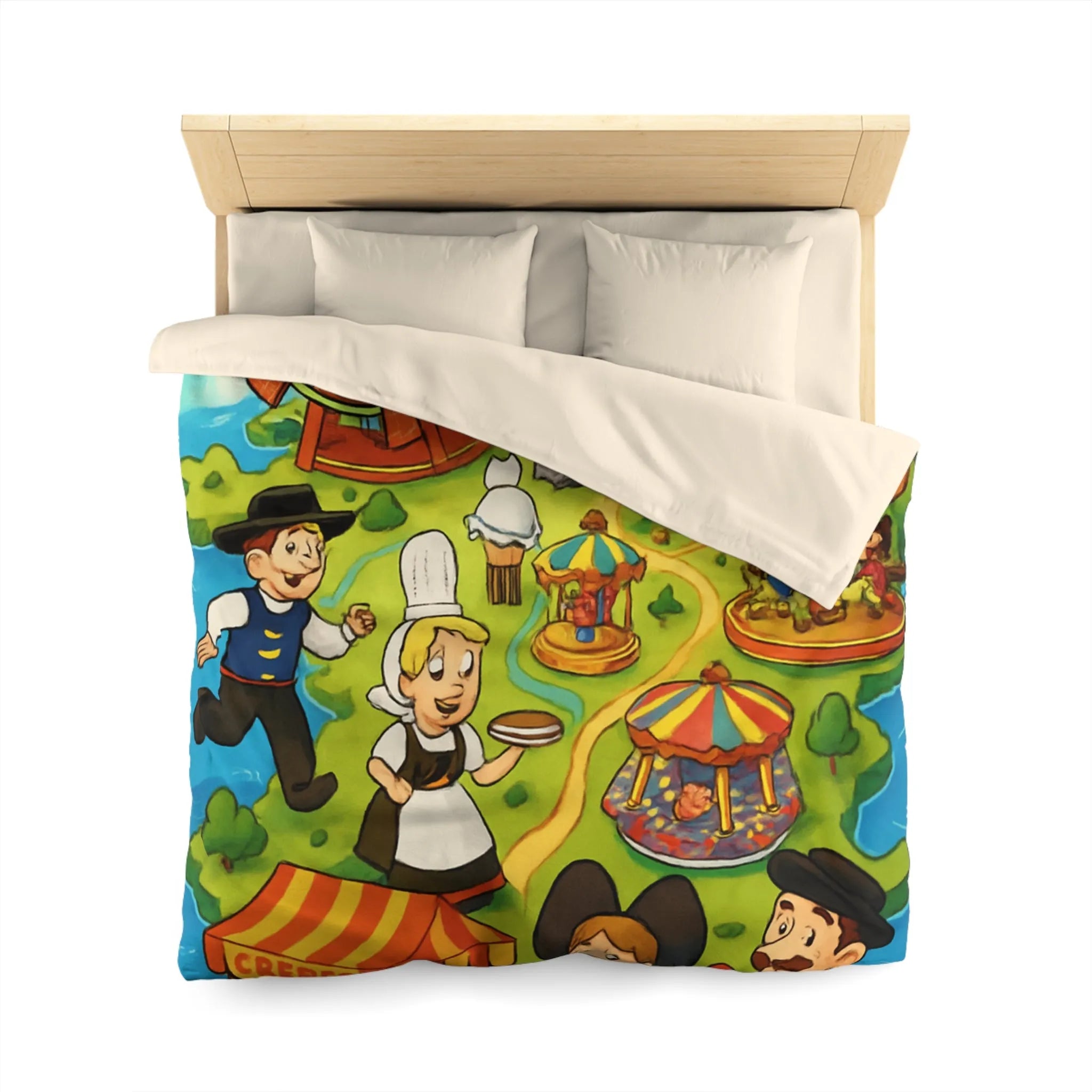 Housse de couette illustrant l'amusement et la culture française dans un parc coloré