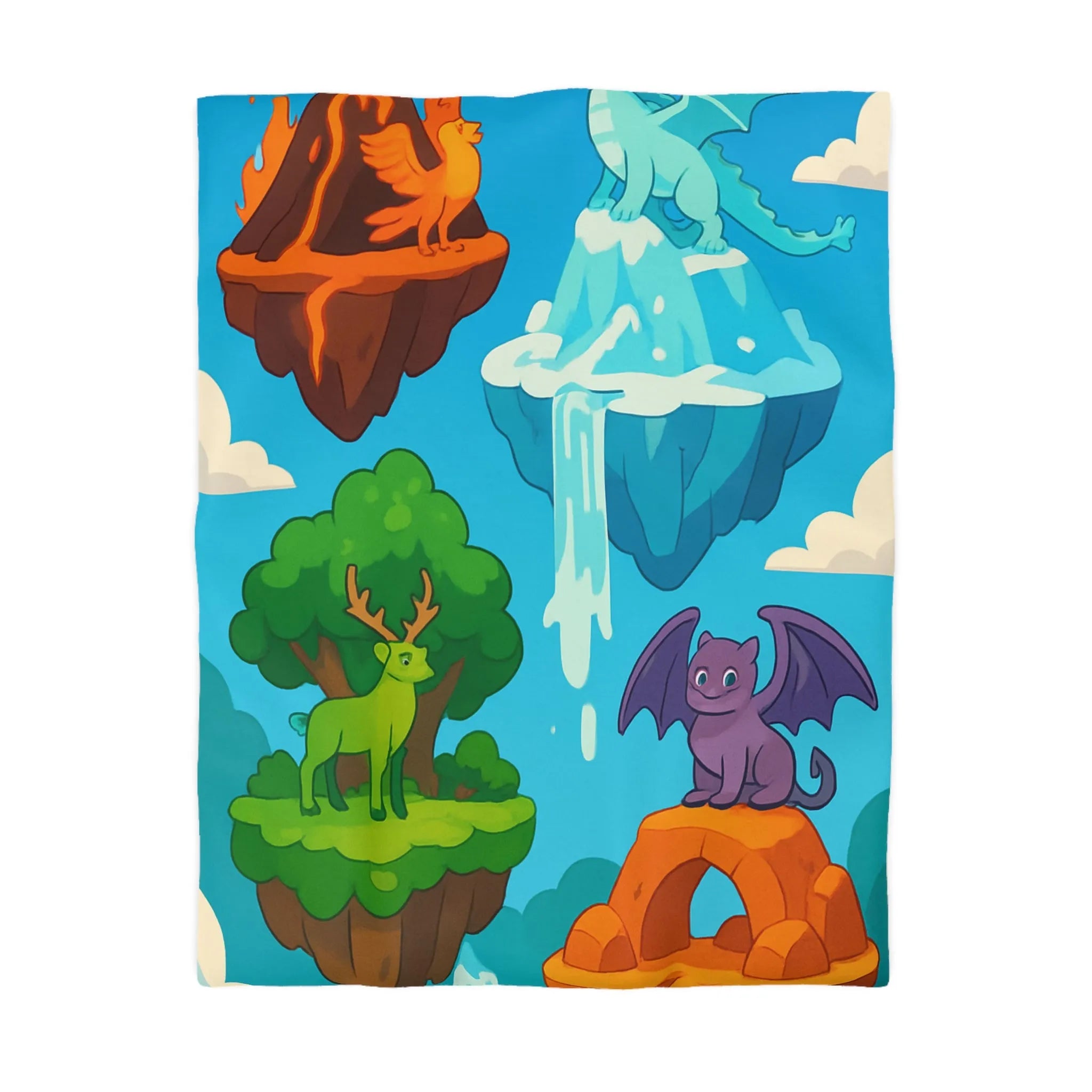 Housse de couette fantasy avec îles flottantes et créatures magiques colorées
