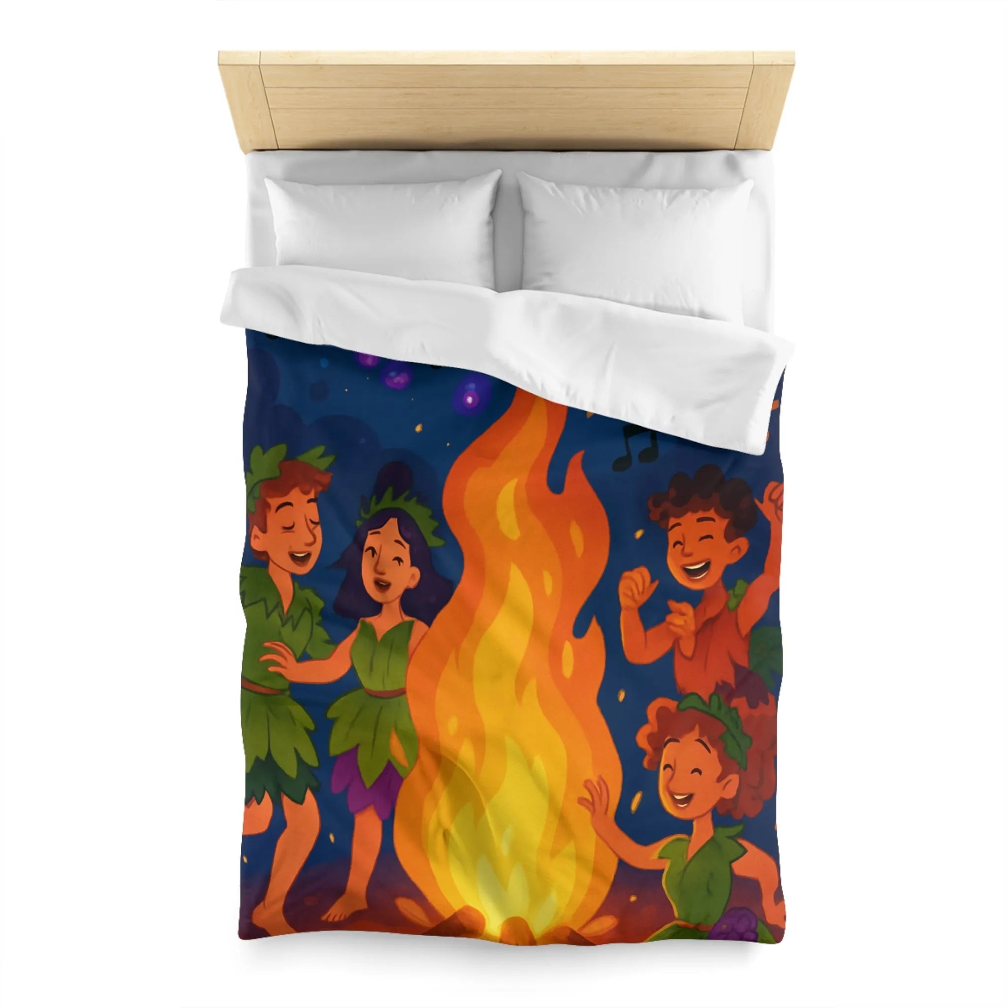 Housse de couette joyeuse autour d'un feu de camp avec enfants et raisins dansants