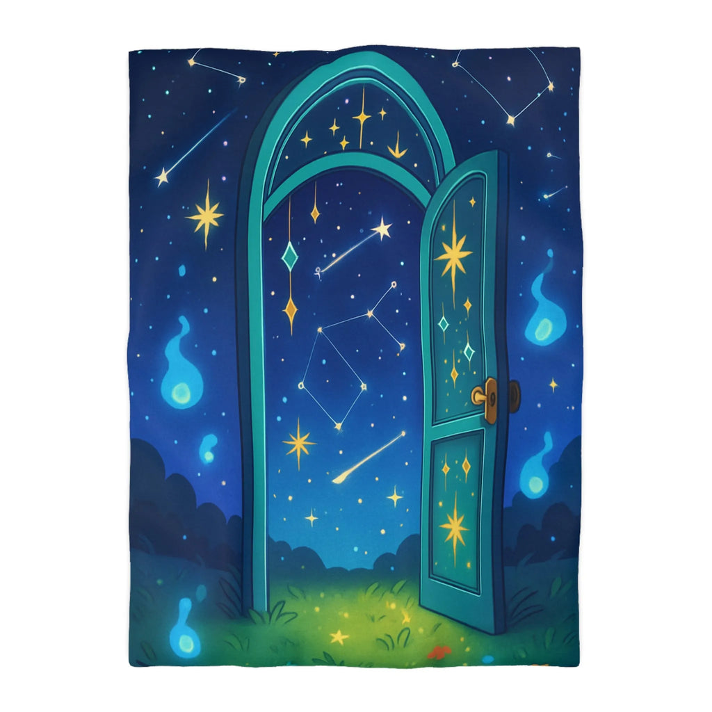 Housse de couette magique avec porte ouverte sur ciel étoilé bleu et constellations
