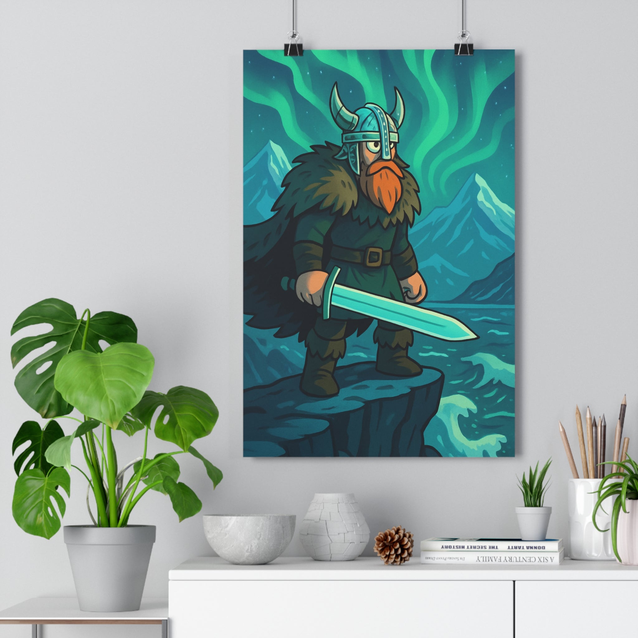 Poster décoratif viking épique aventurier bleu vert mystique bureau chambre enfant 30x46 cm nordique
