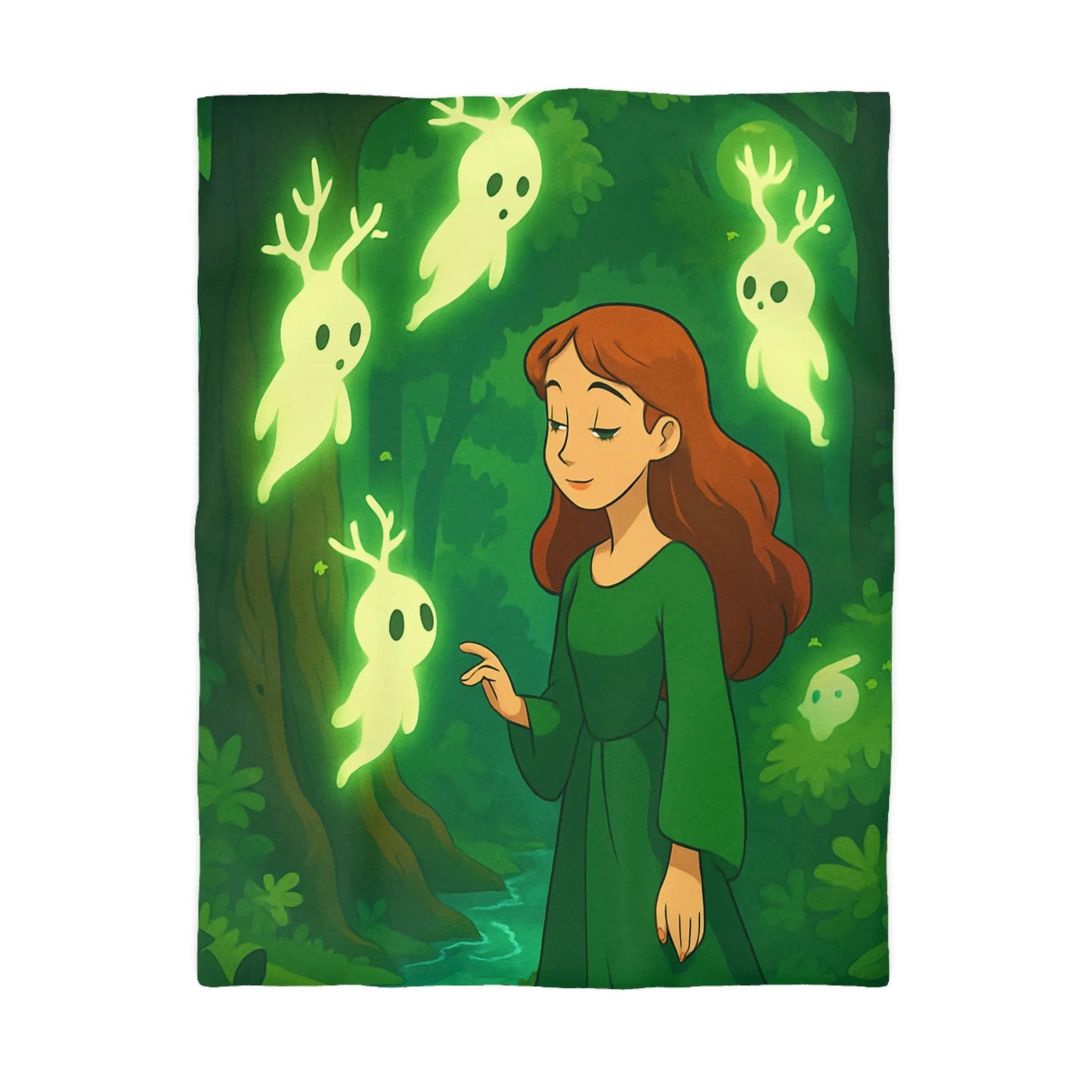 Housse de couette enchantée avec esprits lumineux dans une forêt mystérieuse et verdoyante