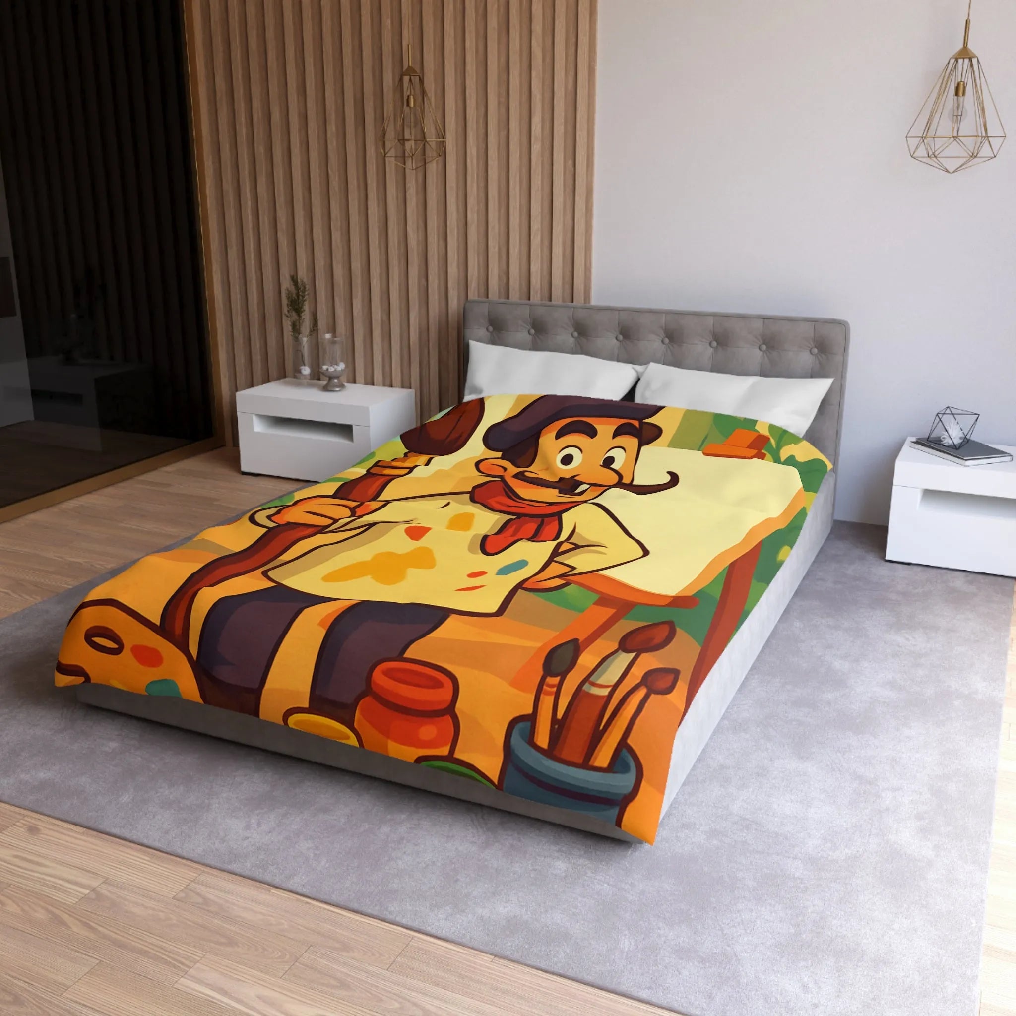 Housse de couette artiste moustachu amusant avec chevalet, pinceaux et pots de peinture