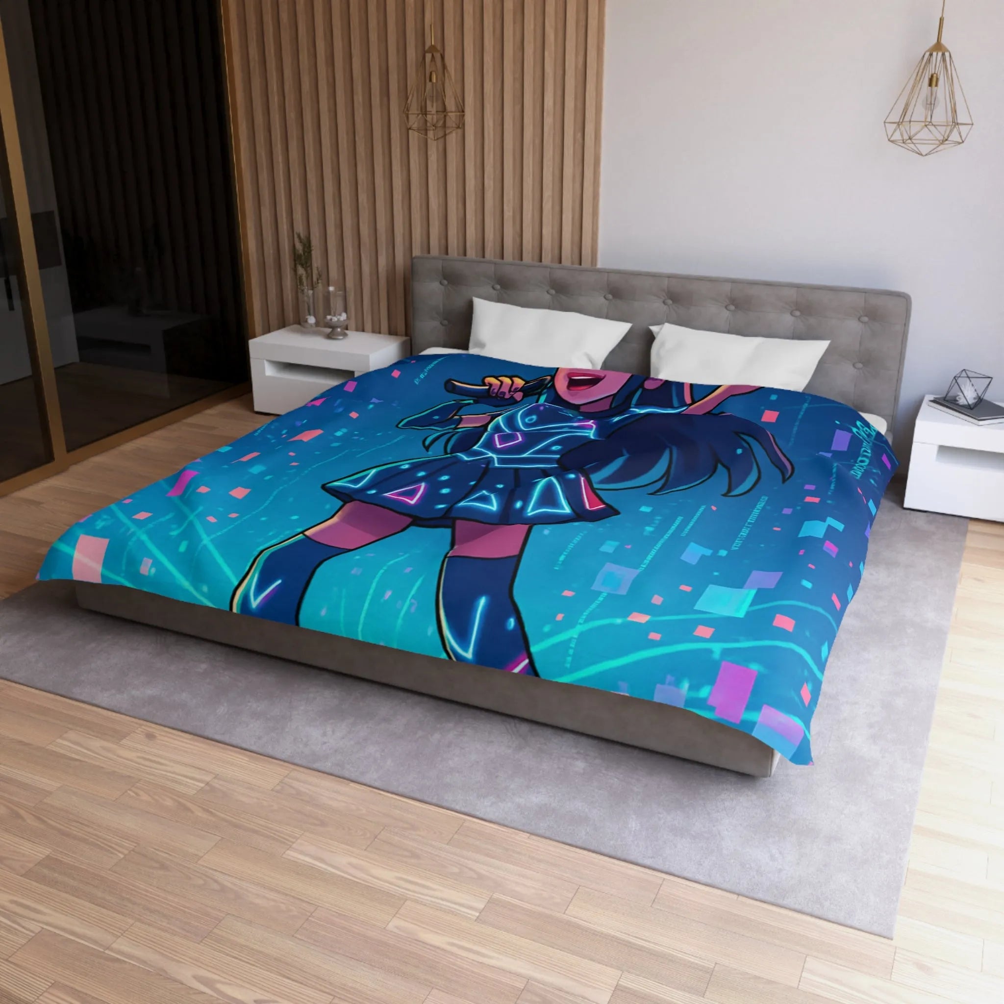 Housse de Couette Fille Chanteuse Néon Style Futuriste Graphiques Lumineux Bleu Rose