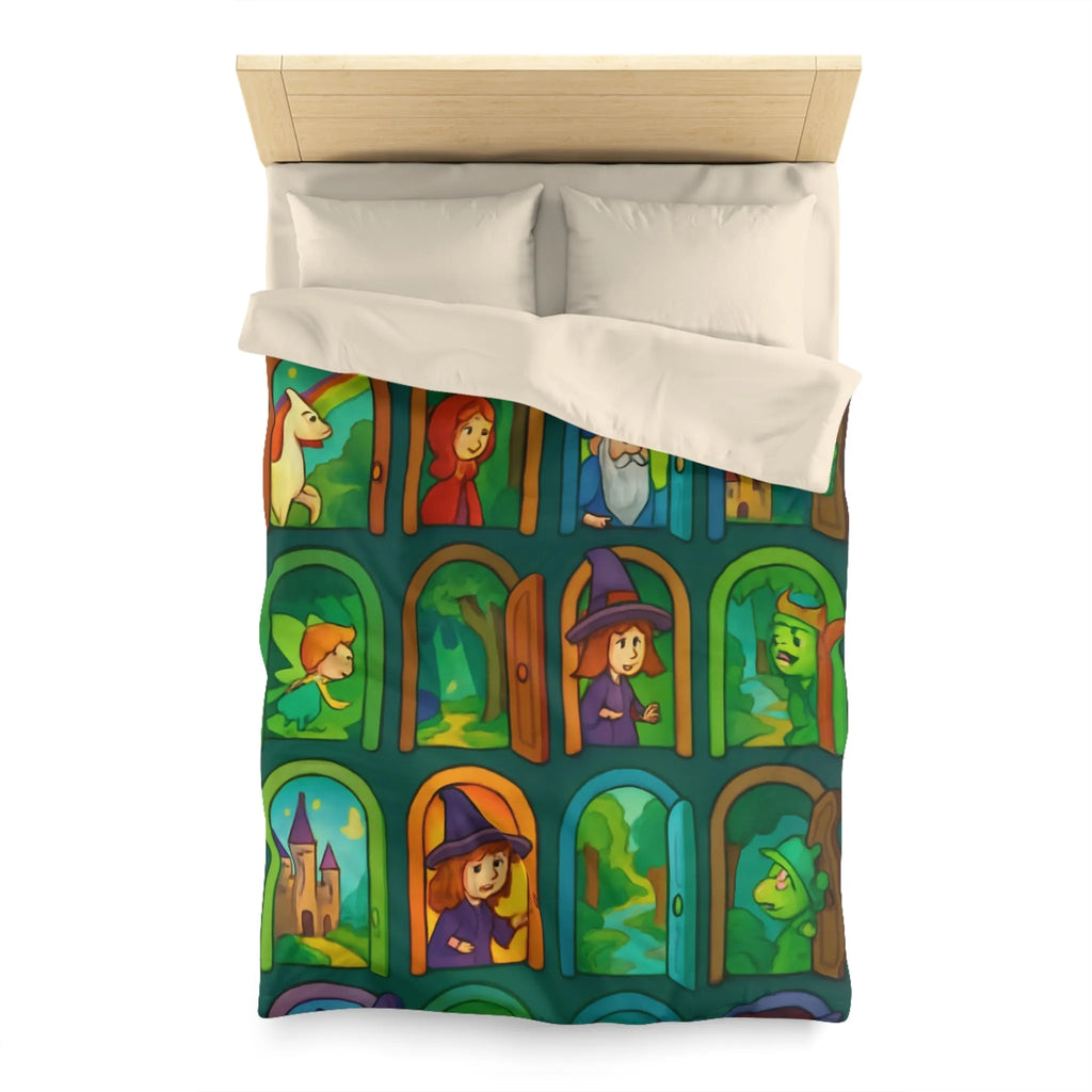 Enchantement magique avec motifs de sorcières, chevaux, et châteaux sur housse de couette