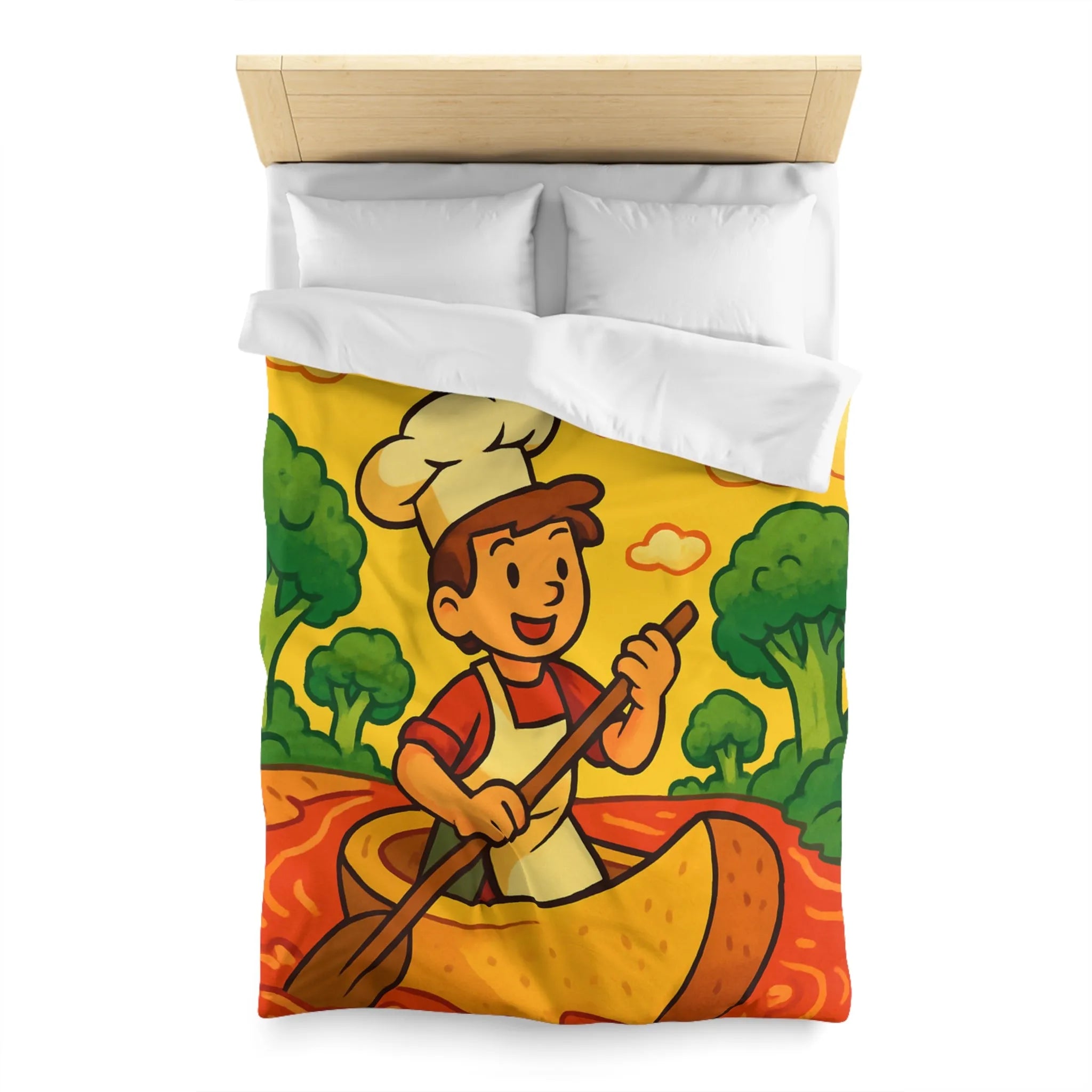 Housse de Couette Chef Enfant Naviguant en Barque sur Rivière Orange Ludique et Colorée