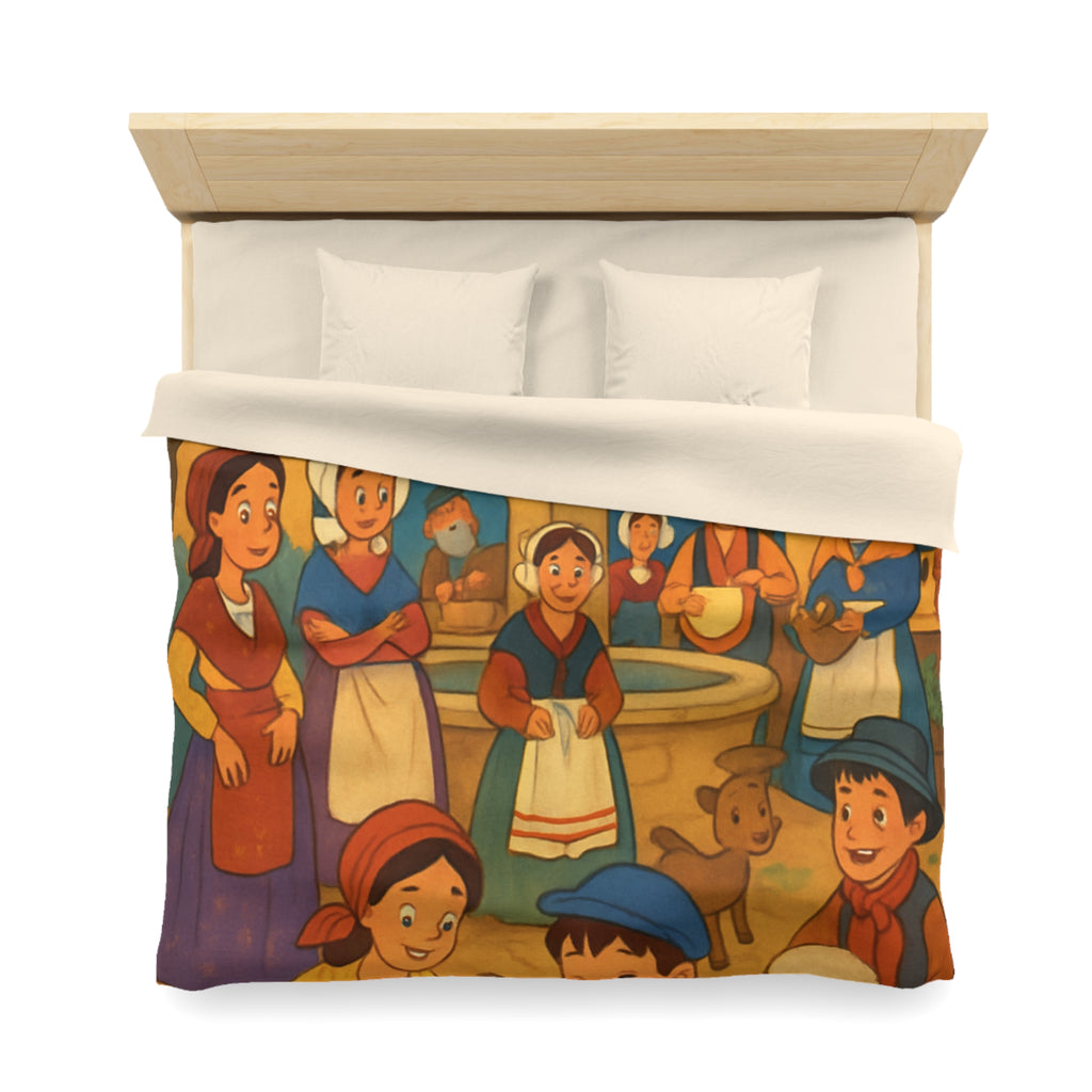 Housse de couette pour enfants avec scène villageoise festive et animaux mignons joyeux