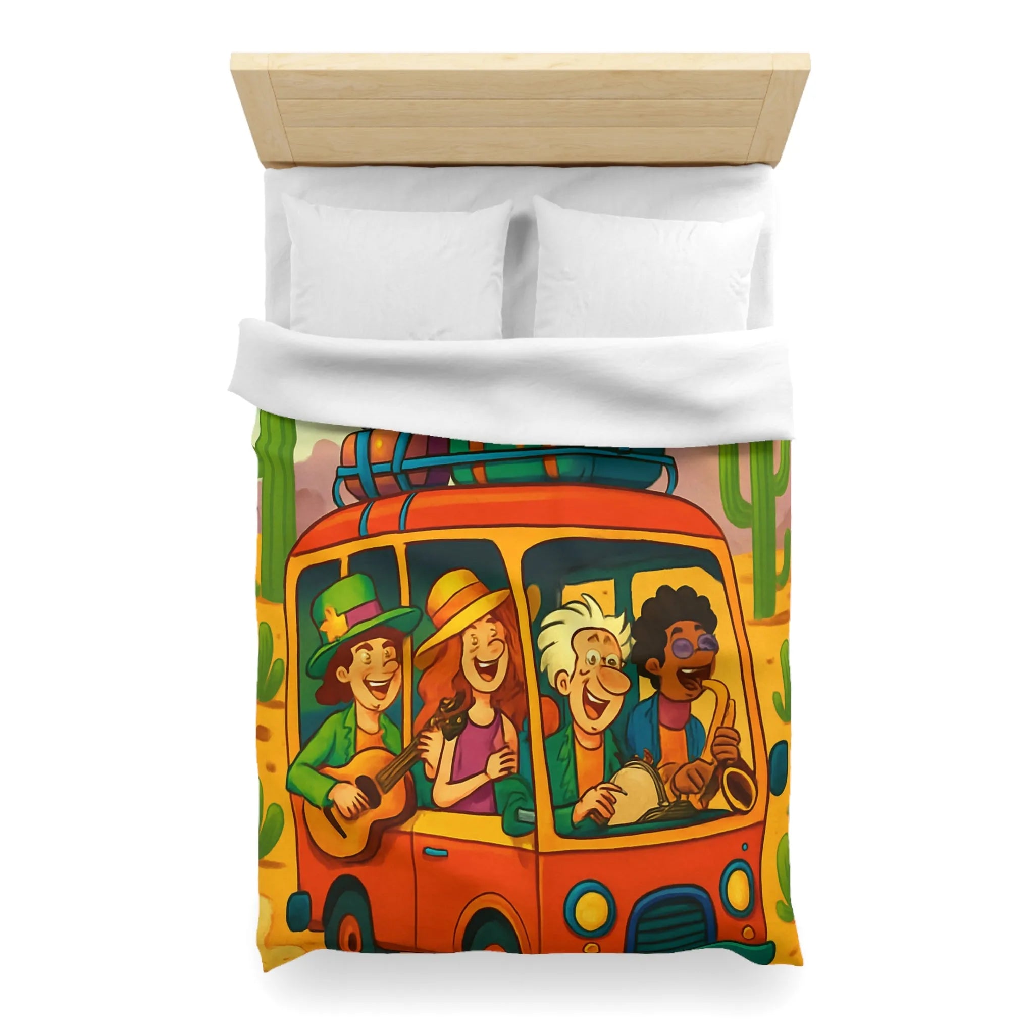Housse de couette colorée avec paysage désertique, cactus et van musical joyeux