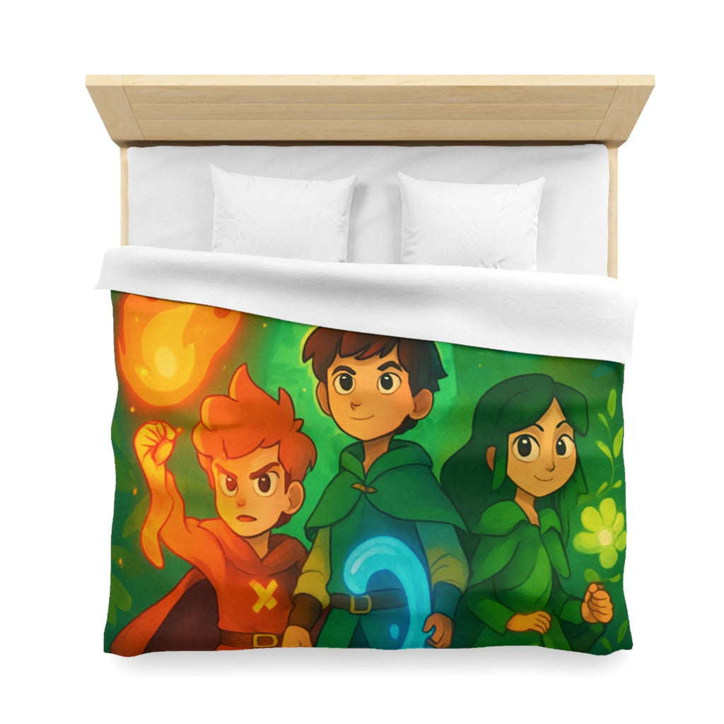 Housse de couette enchantée avec personnages magiques dans une forêt lumineuse et colorée