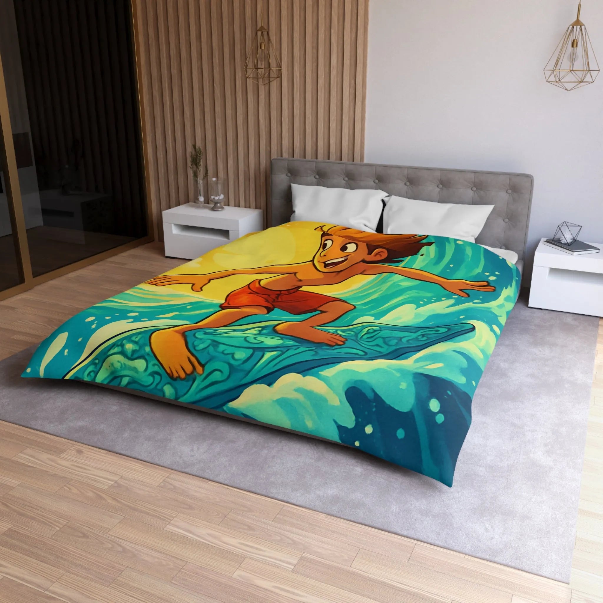 Enfant vibrant surfe sur vague turquoise sous ciel jaune vif artistique et joyeux