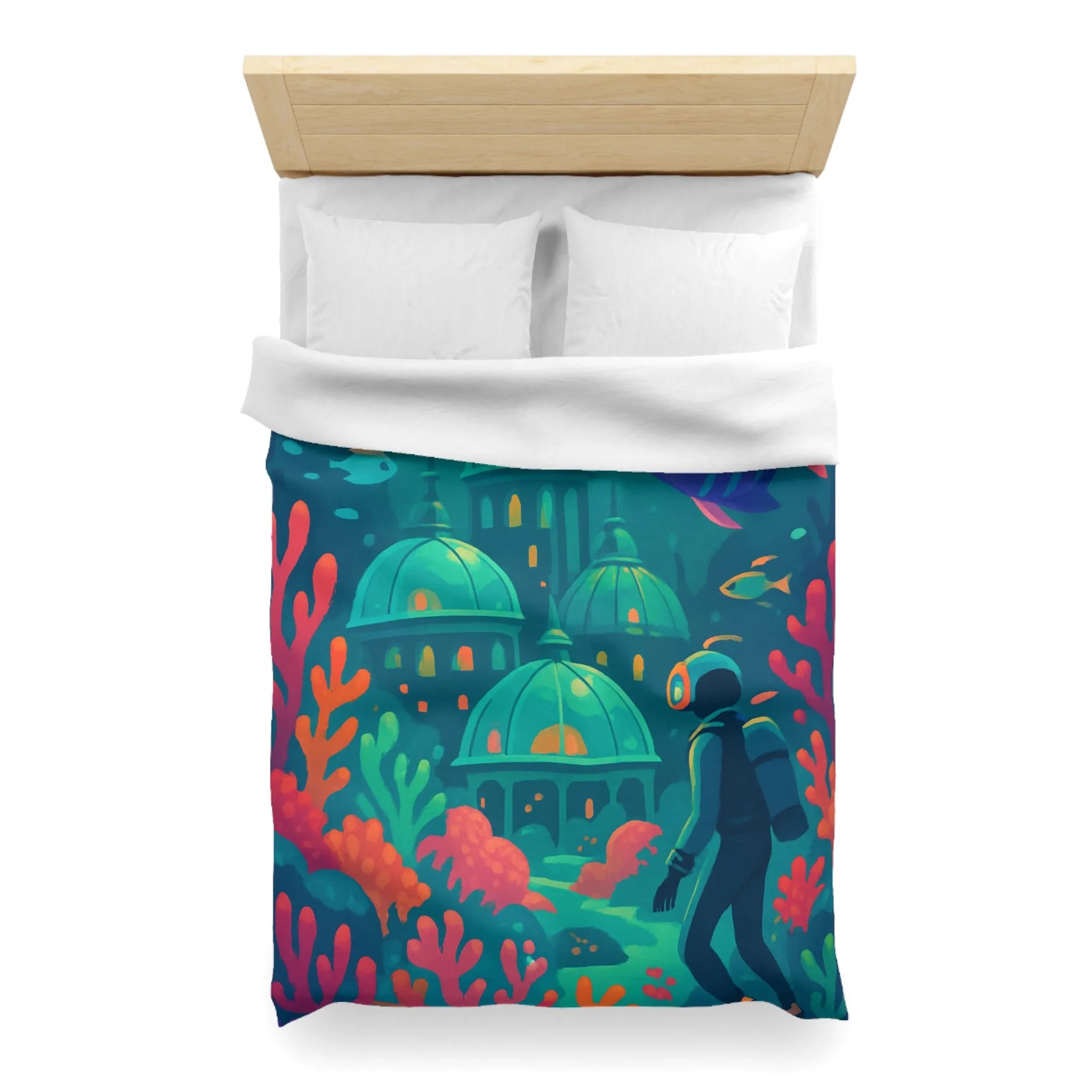 Housse de couette aux couleurs vibrantes inspirée d'une cité sous-marine avec poissons exotiques