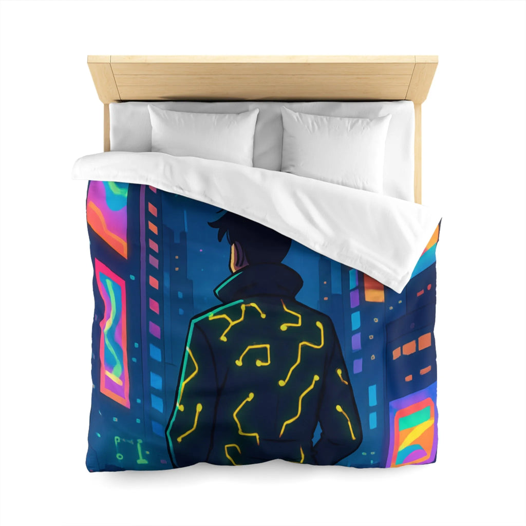 Housse de couette futuriste avec affichage numérique néon dans une ville cyberpunk