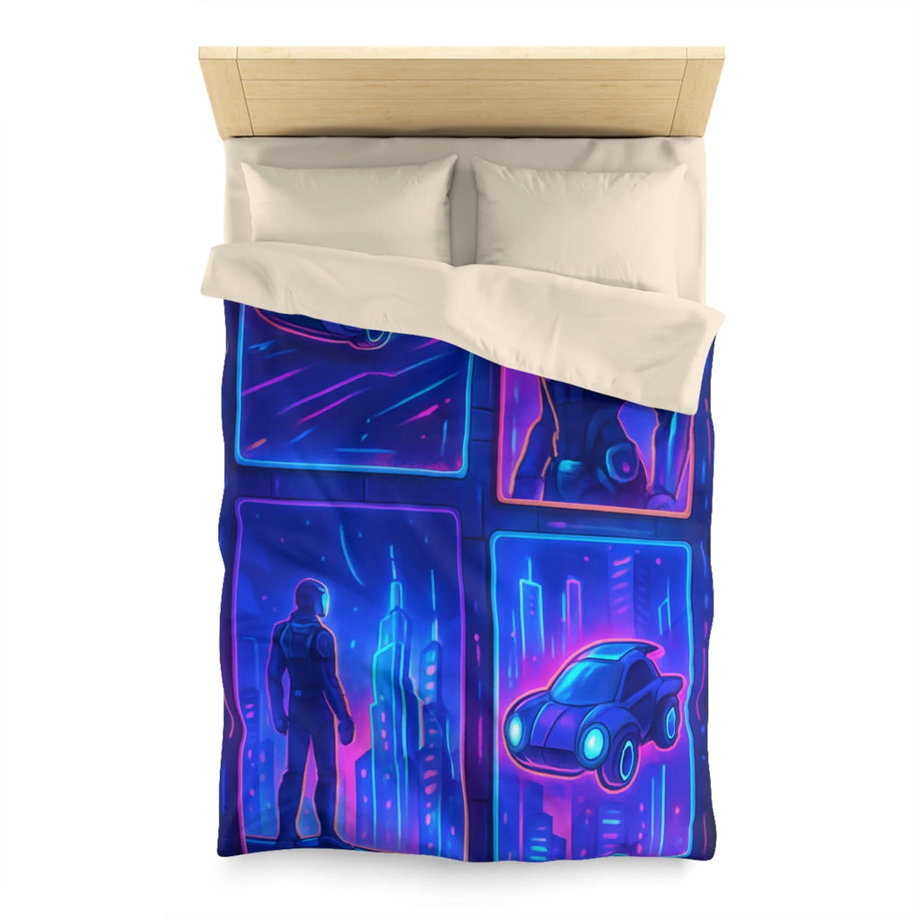 Couverture Futuriste Bleu Néon avec Silhouettes Humaines et Voitures Volantes Modernes