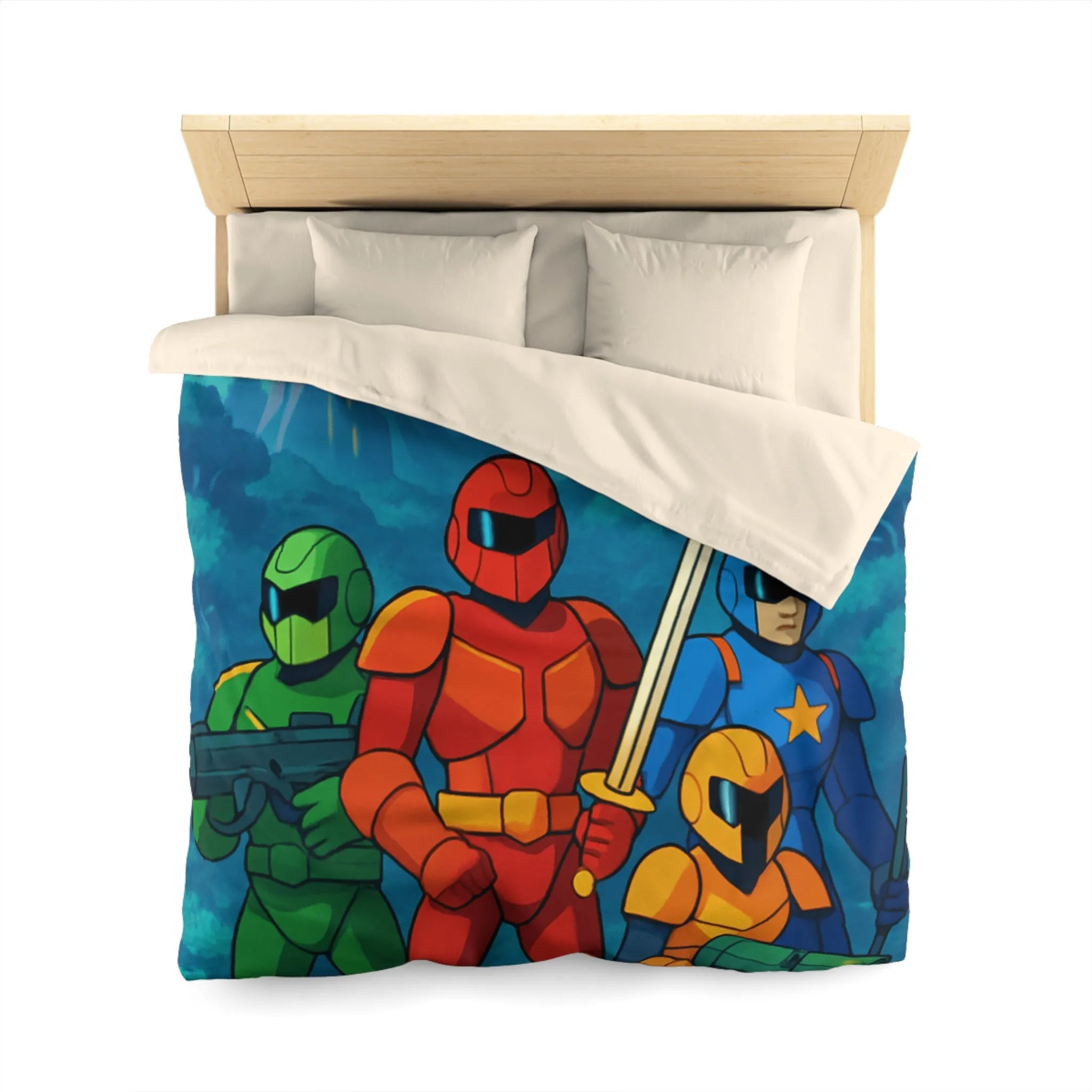 Housse de couette futuriste illustrant héros en armure dans forêt de science-fiction