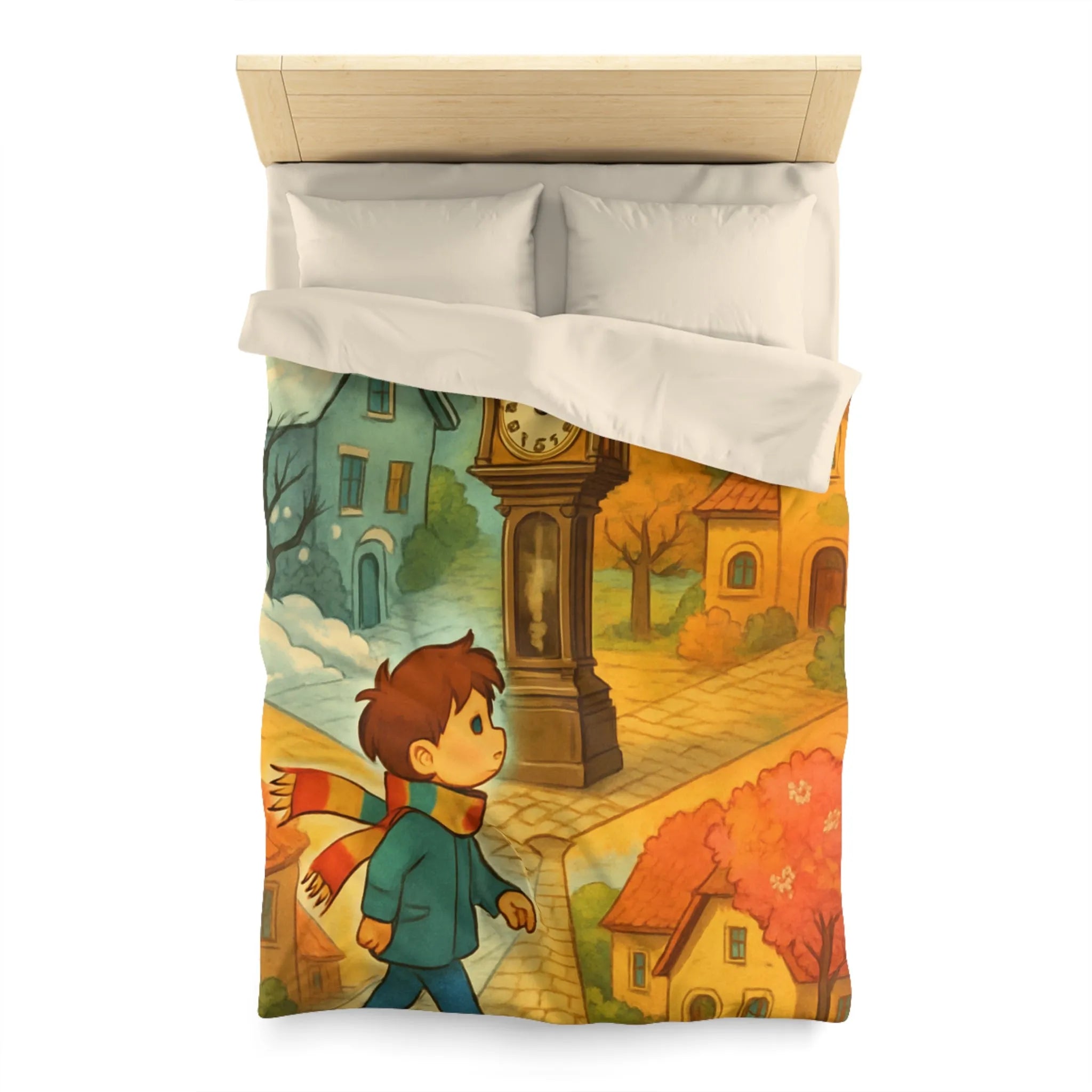 Housse de Couette Enfant Colorée avec Scène Enchanteresse de Village et Horloge Fantaisiste