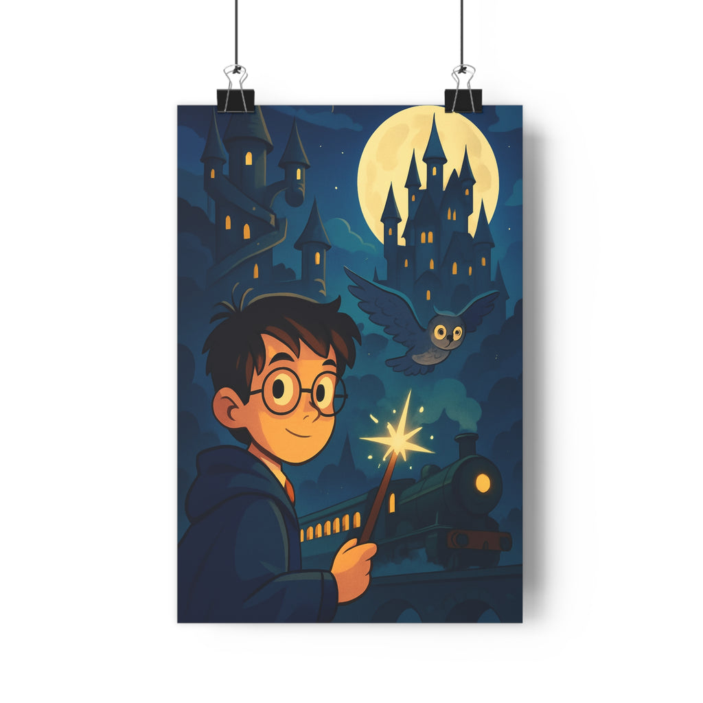 Poster décoratif magique bleu doré mystique animation sorcier baguette chouette château étoilé chambre salon