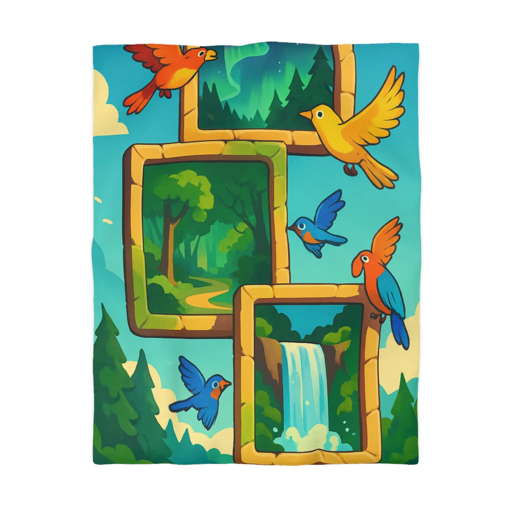 Housse de couette colorée avec oiseaux et scènes de nature paisible et dynamique