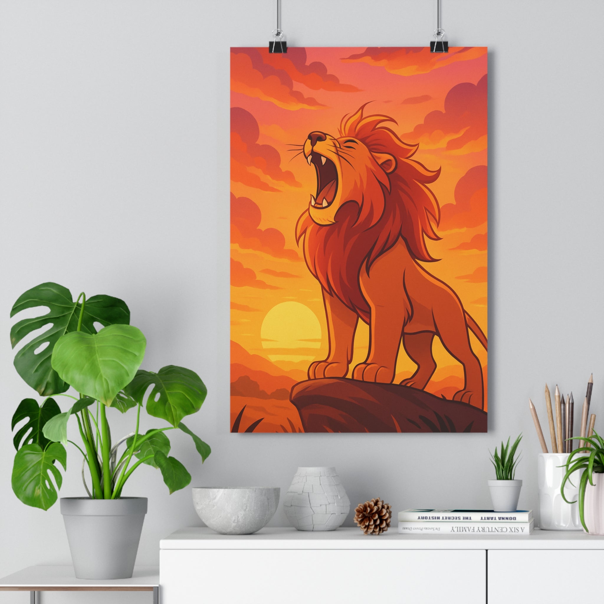 Poster décoratif lion dessin animé jaune orange nature chambre salon vibrant dynamique unique élégant