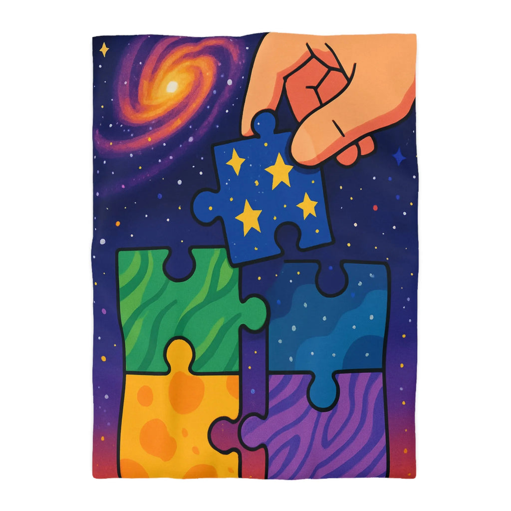 Housse de couette colorée avec motifs puzzle vibrants et design cosmique étoilé