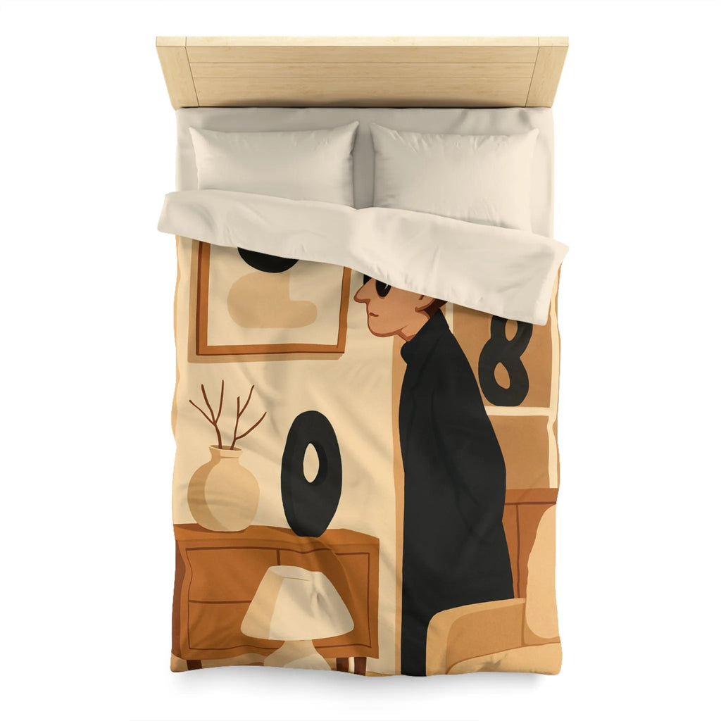 Élégant homme en noir dans salon moderne minimaliste aux accents artistiques abstraits