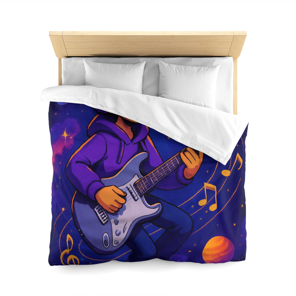 Housse de couette musicale avec planète, guitare et ciel cosmique coloré, ambiance rêveuse