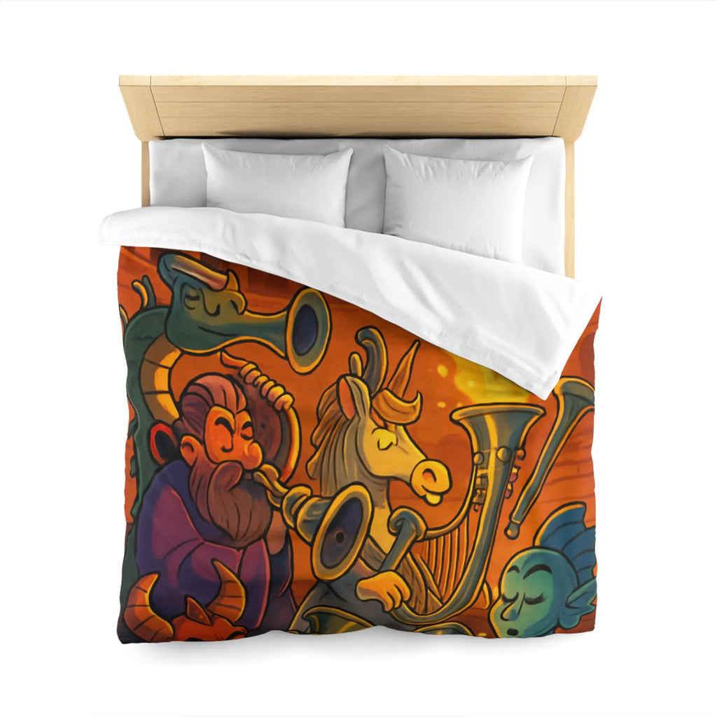 Housse de couette fantastique illustrée avec dragons, musiciens mythiques et couleurs flamboyantes