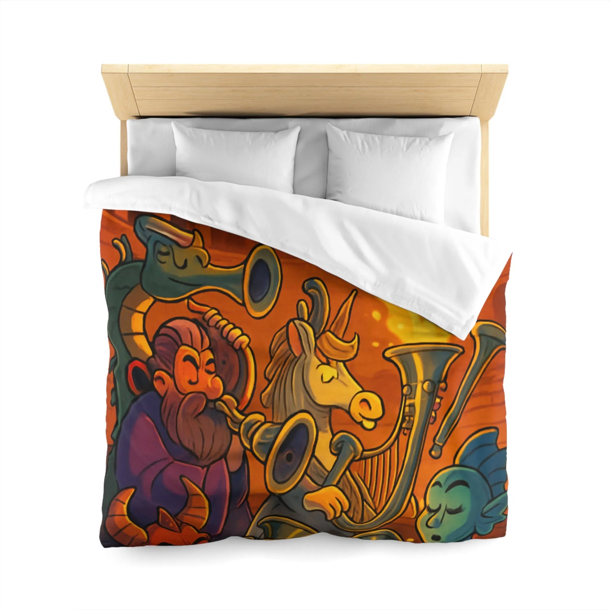 Housse de couette fantastique illustrée avec dragons, musiciens mythiques et couleurs flamboyantes