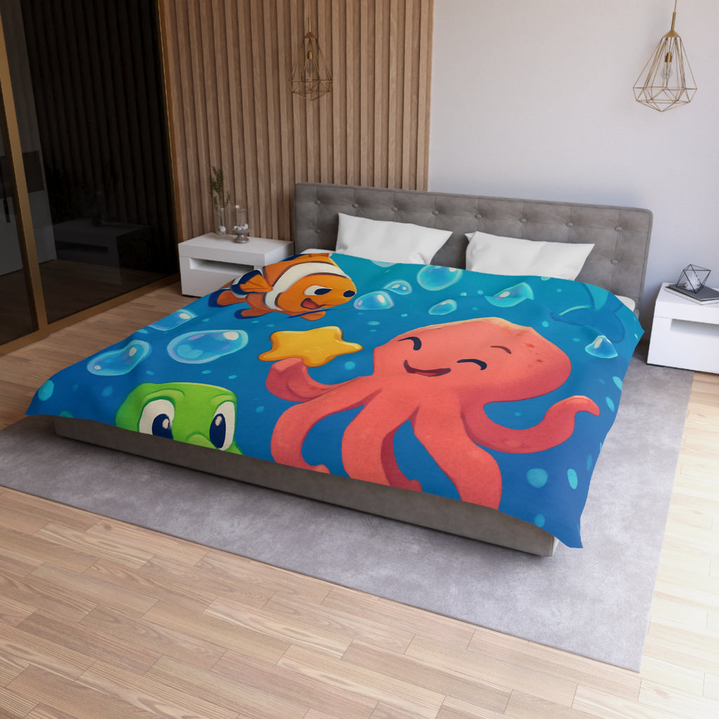 Housse de couette sous-marine avec pieuvre, dauphin, poisson clown et tortue joyeuse
